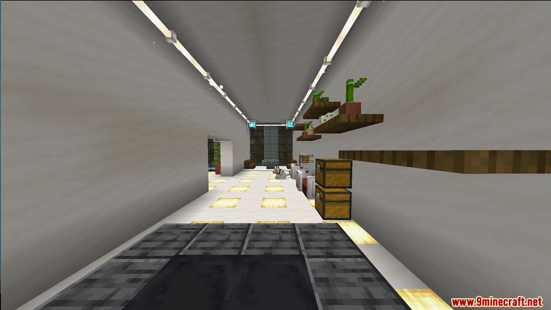 Survival Modern House 13 Map Screenshot 11 Interior of a large white mansion with custom furniture and a dog