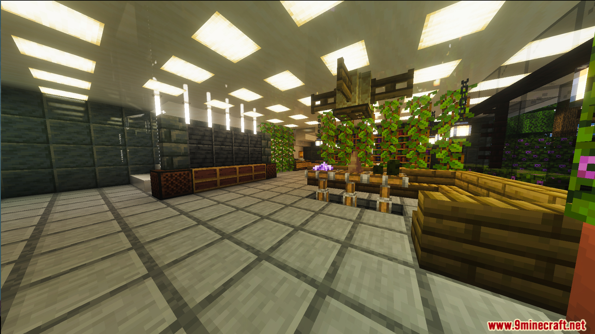 Survival Modern House 13 Map Screenshot 4 Modern living room with custom wooden furniture and glowing ceiling lights inside