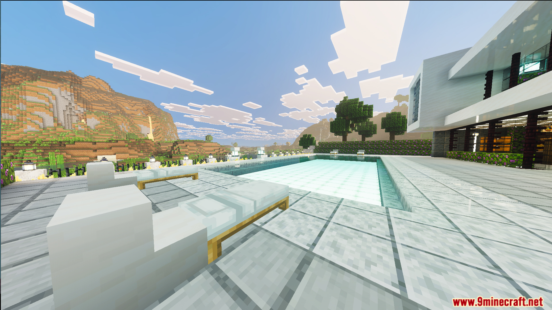 Survival Modern House 13 Map Screenshot 6 Large swimming pool and white lounge chairs outside the modern white mansion