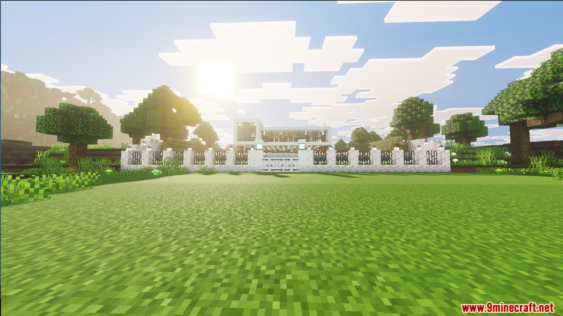 Survival Modern House 13 Map Screenshot 8 A white fence with lanterns surrounds a large modern house in the plains