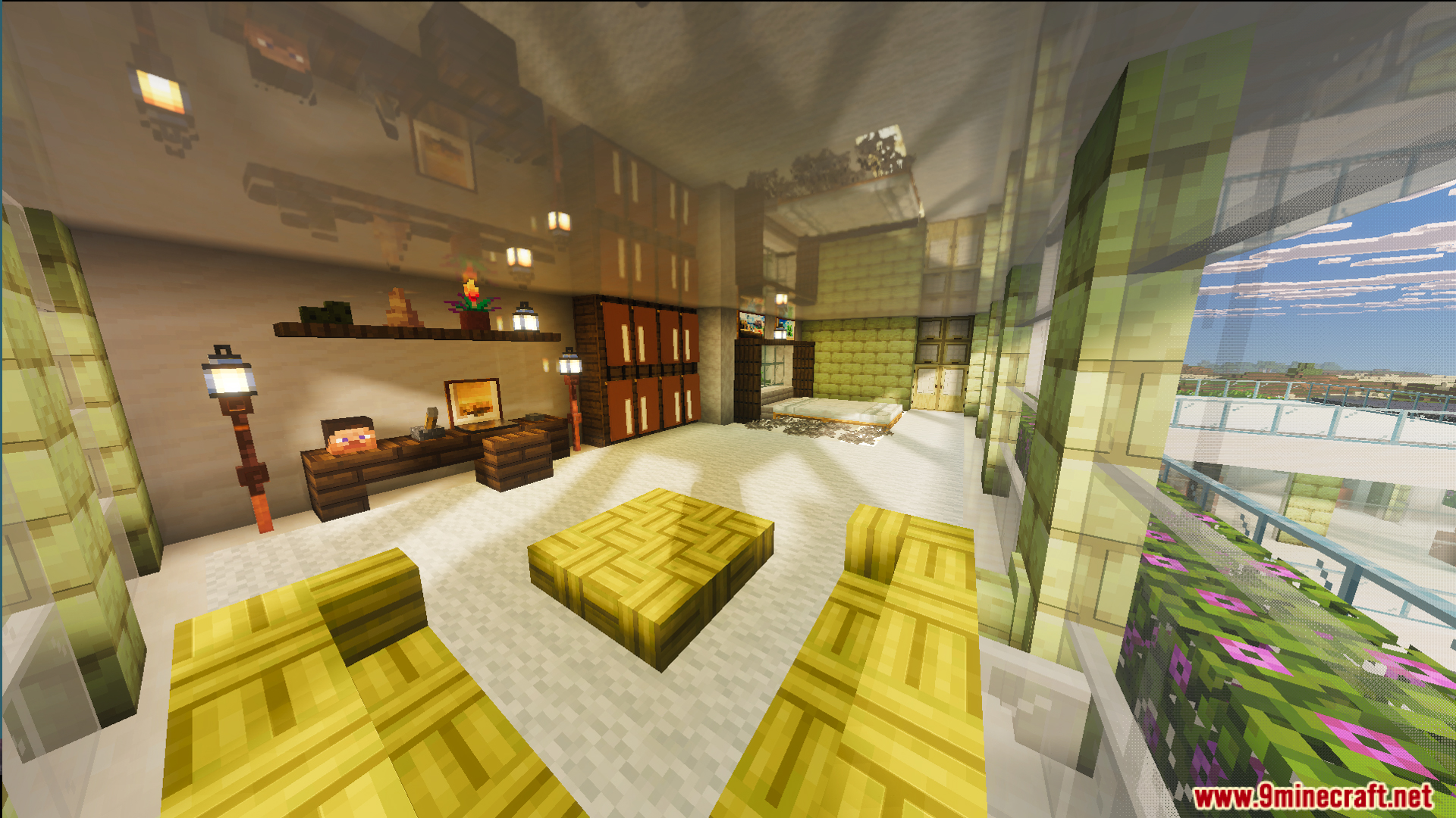Survival Modern House 31 Map Screenshot 1 Fully furnished interior of Survival Modern House 31 Map with glass ceiling