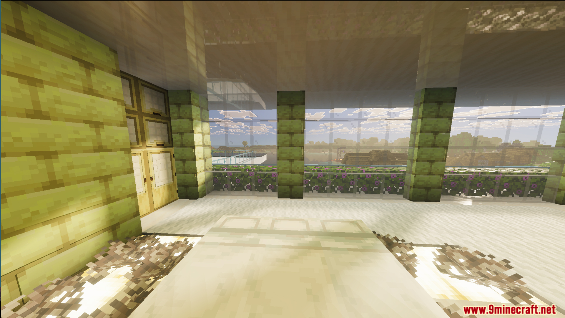 Survival Modern House 31 Map Screenshot 12 Cozy bedroom interior with a white bed and decorative green stone pillars