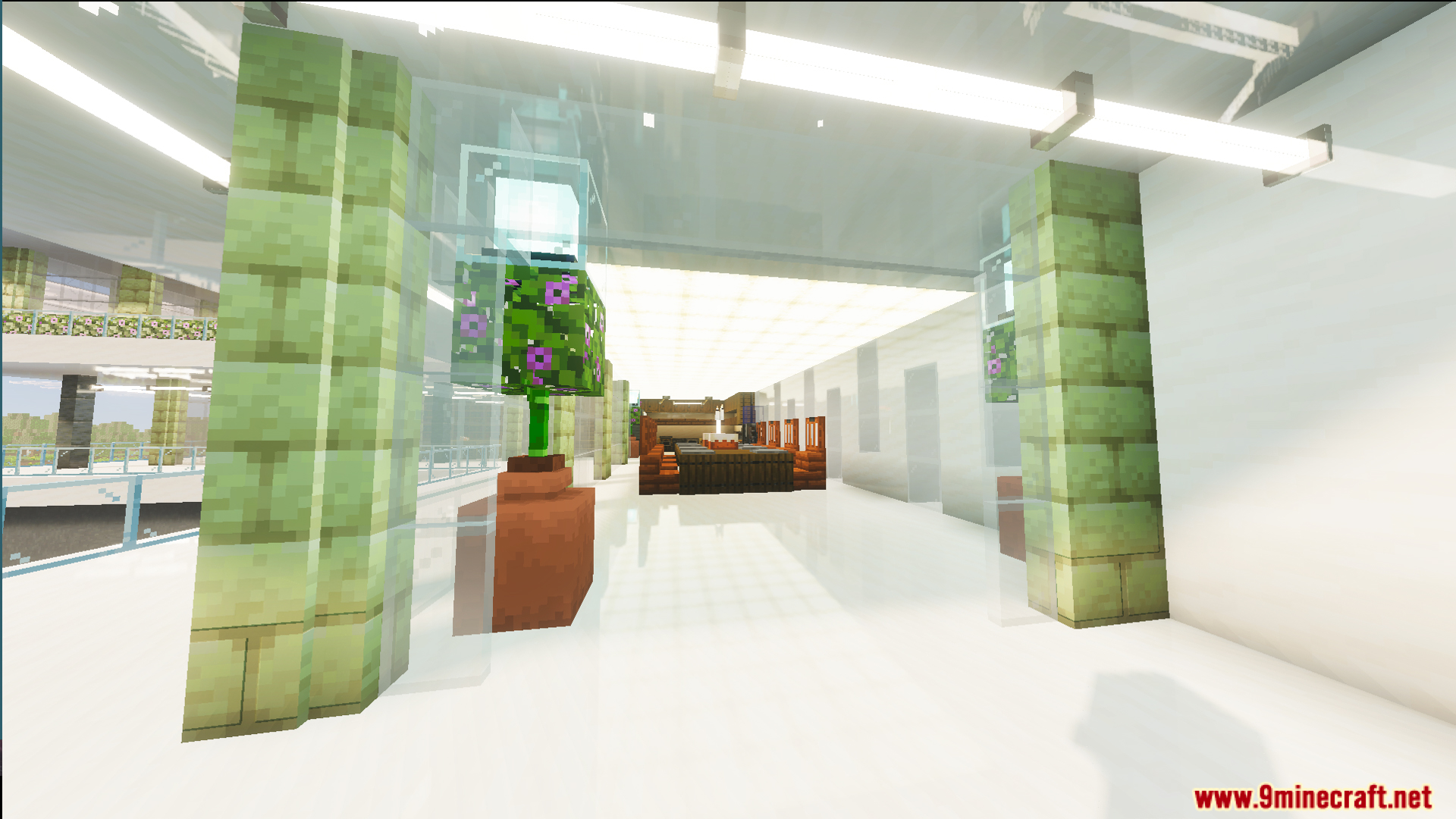 Survival Modern House 31 Map Screenshot 6 Bright interior hallway with green pillars and glass walls in the modern home