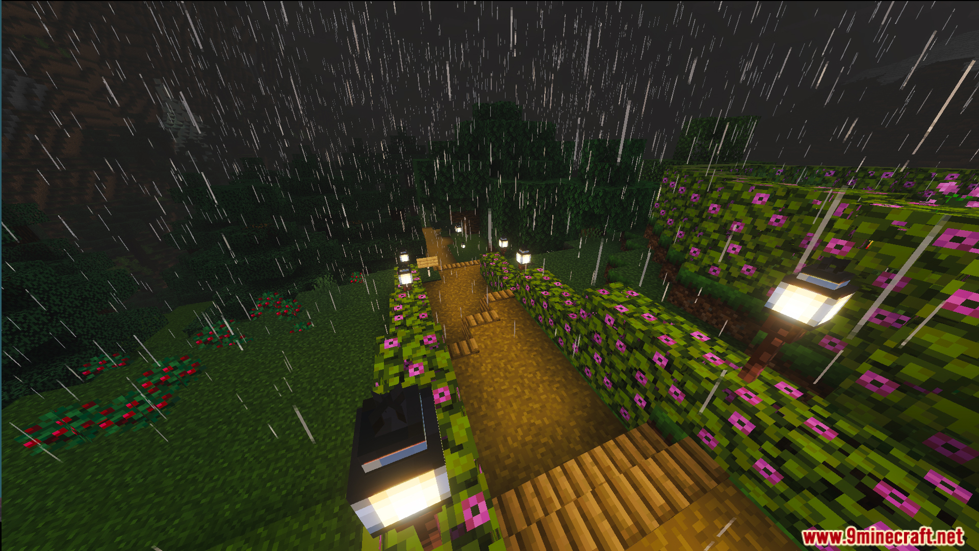 Terraced path with lanterns and pink flowering hedges in the rainy mountain biome