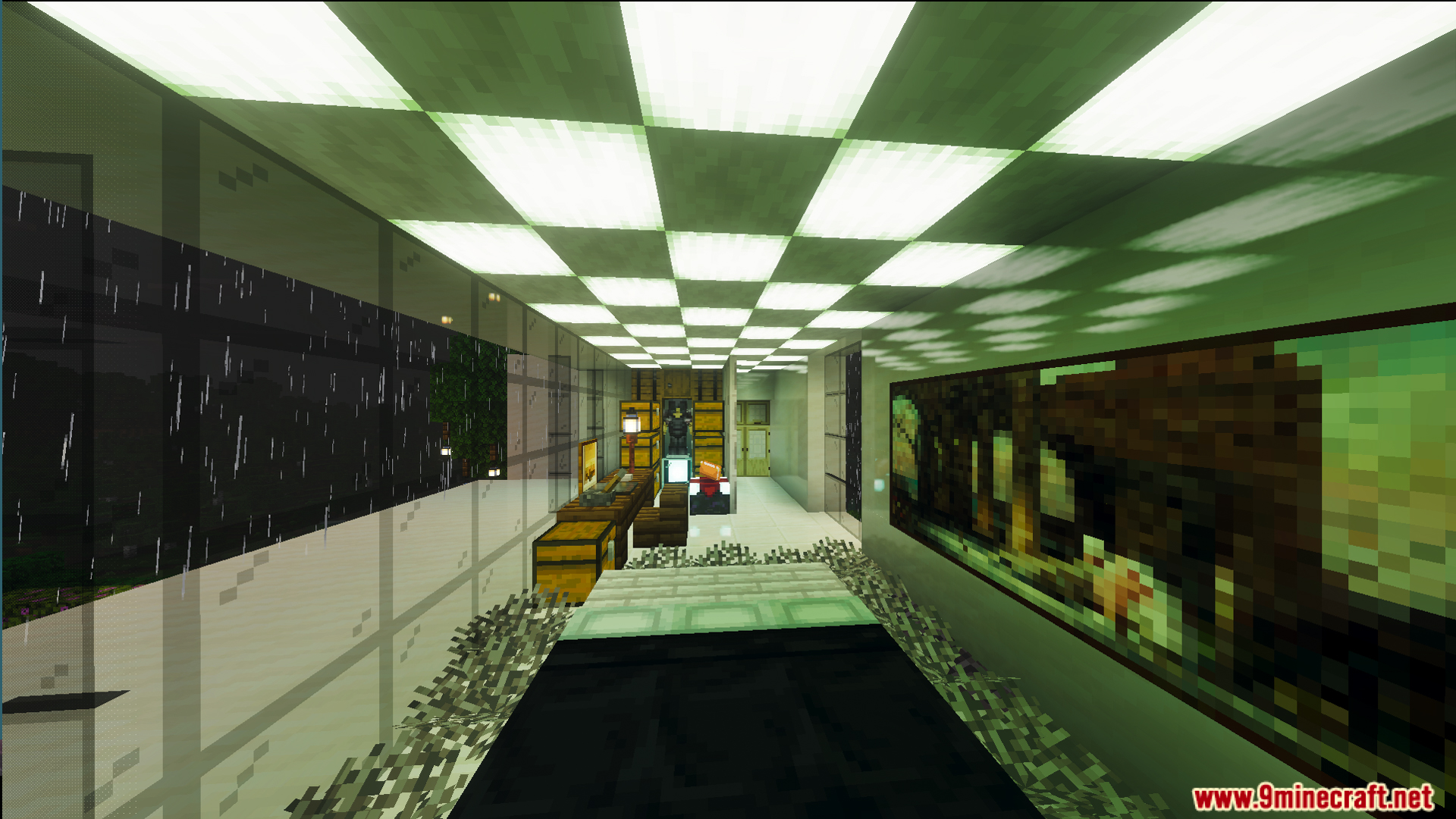Modern house interior with checkered ceiling lights and large glass windows