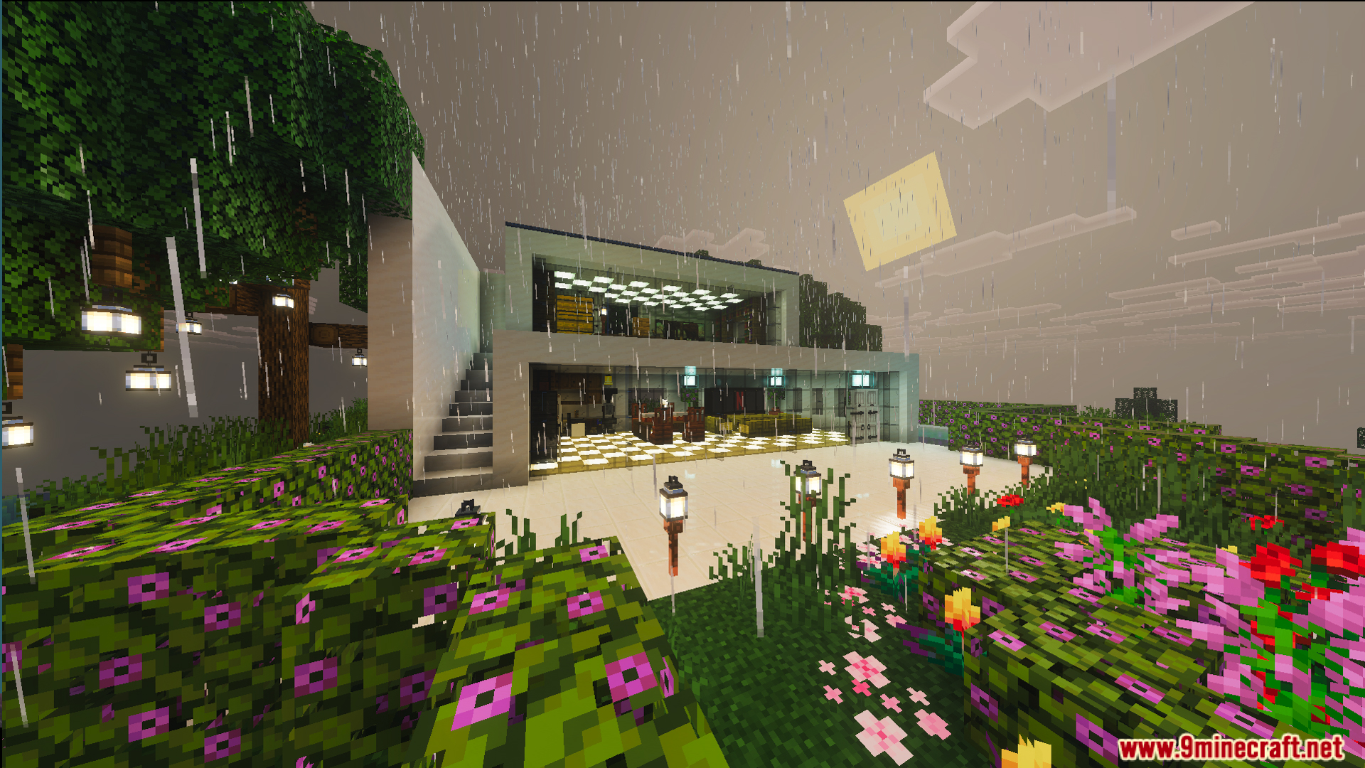 White two story building with large glass windows and complete interiors in mountain biome