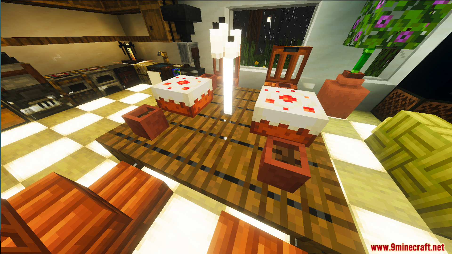 Dining table with cakes and bamboo chairs inside a cozy kitchen area