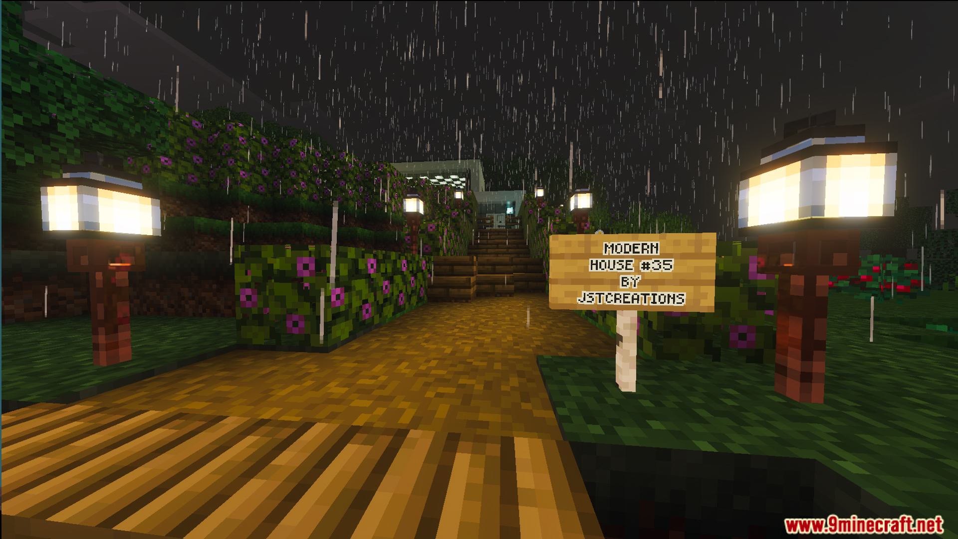 A wooden sign marks the entrance to the Survival Modern House map