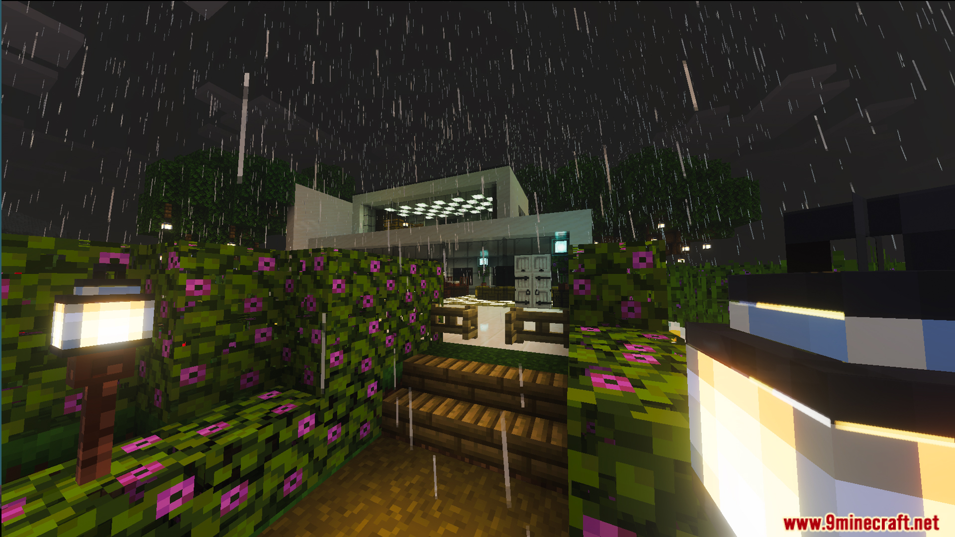 Survival Modern House Map features a white building with large glass windows during rain