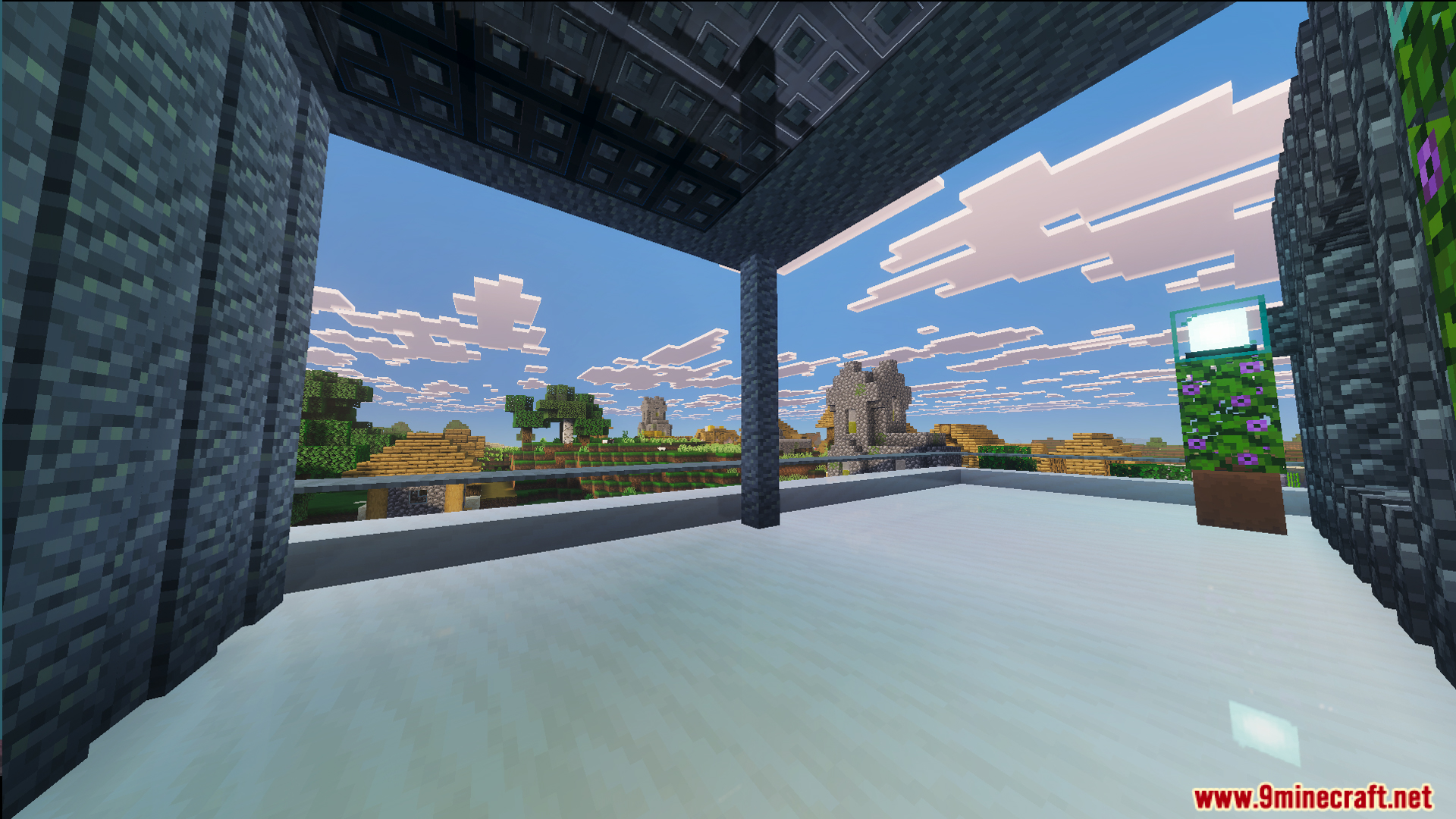 Modern balcony overlooking a village in the plains biome with glass railings