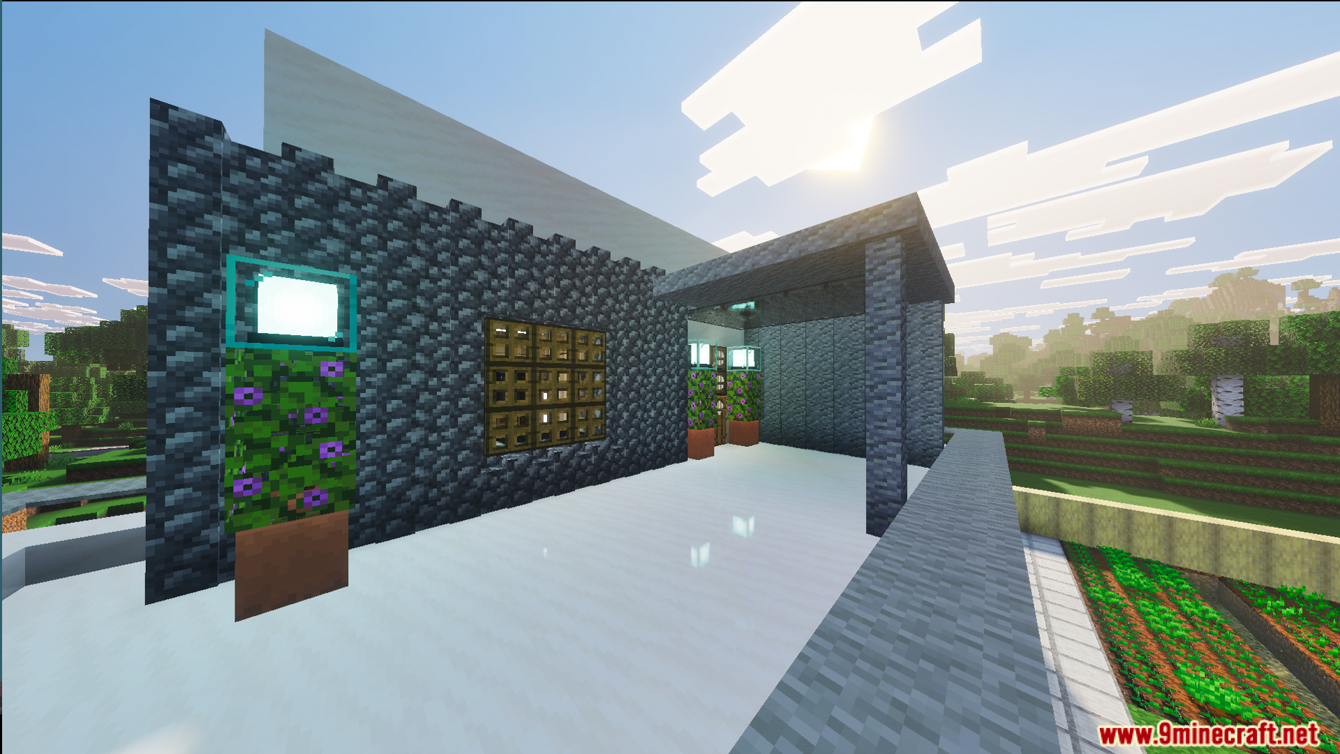 The exterior of Survival Modern House 44 Map with dark walls and patio