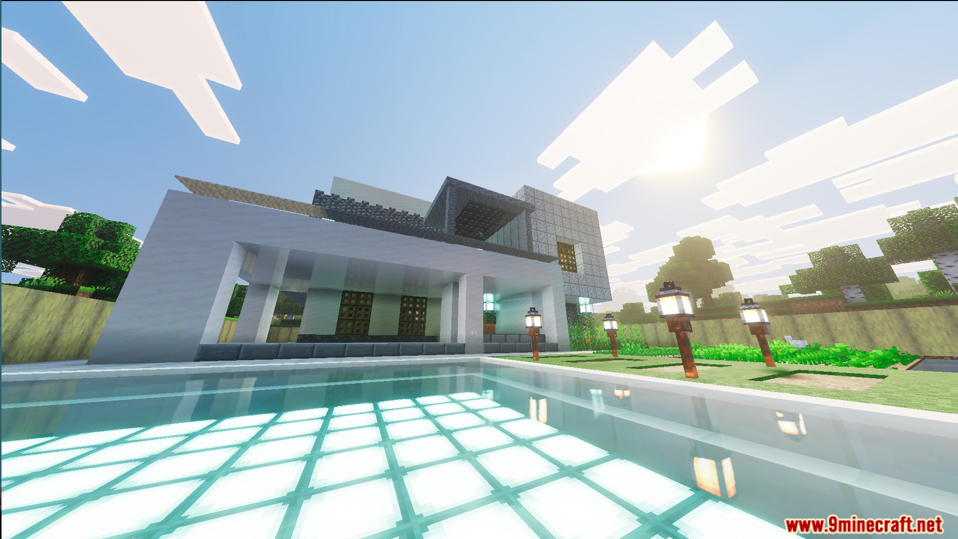 Survival Modern House Map featuring a white villa and a swimming pool