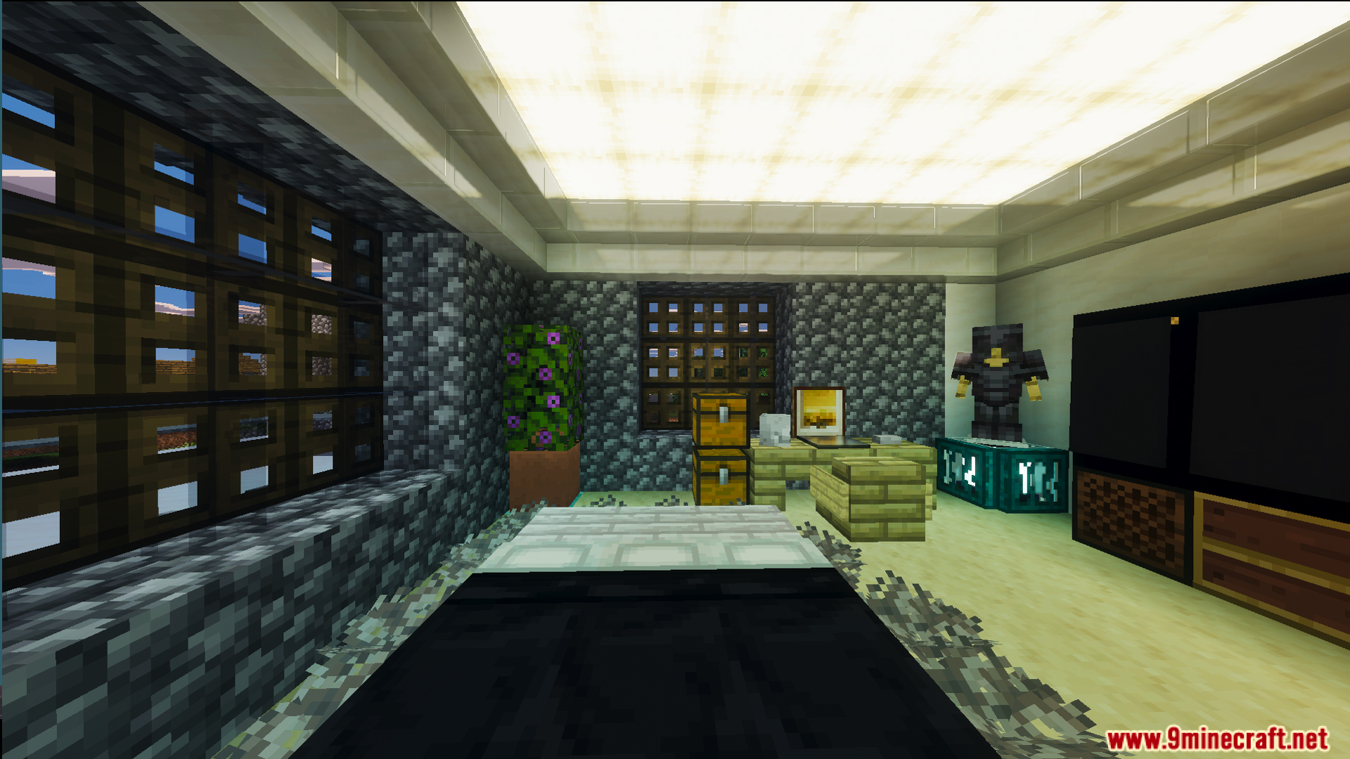 Fully decorated interior with a large screen and glowing ceiling blocks
