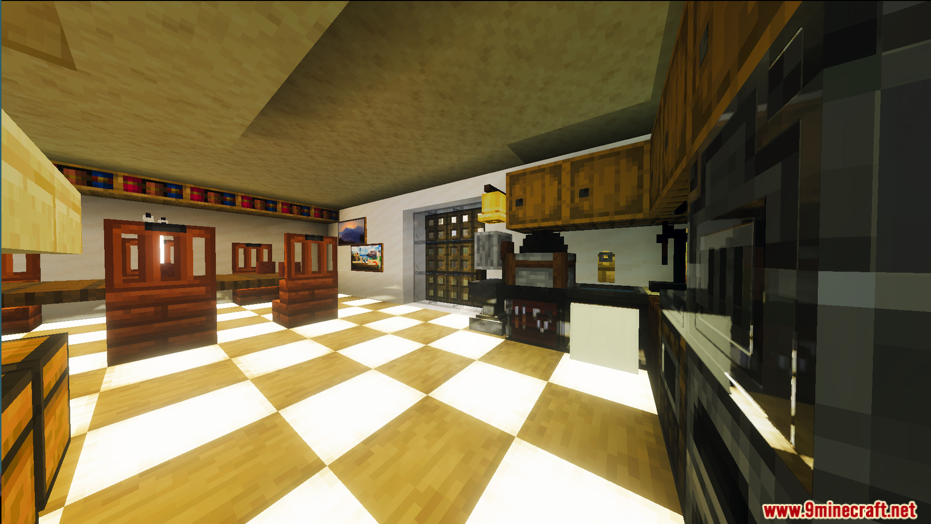 Modern house interior featuring checkered floors and a large screen on the wall