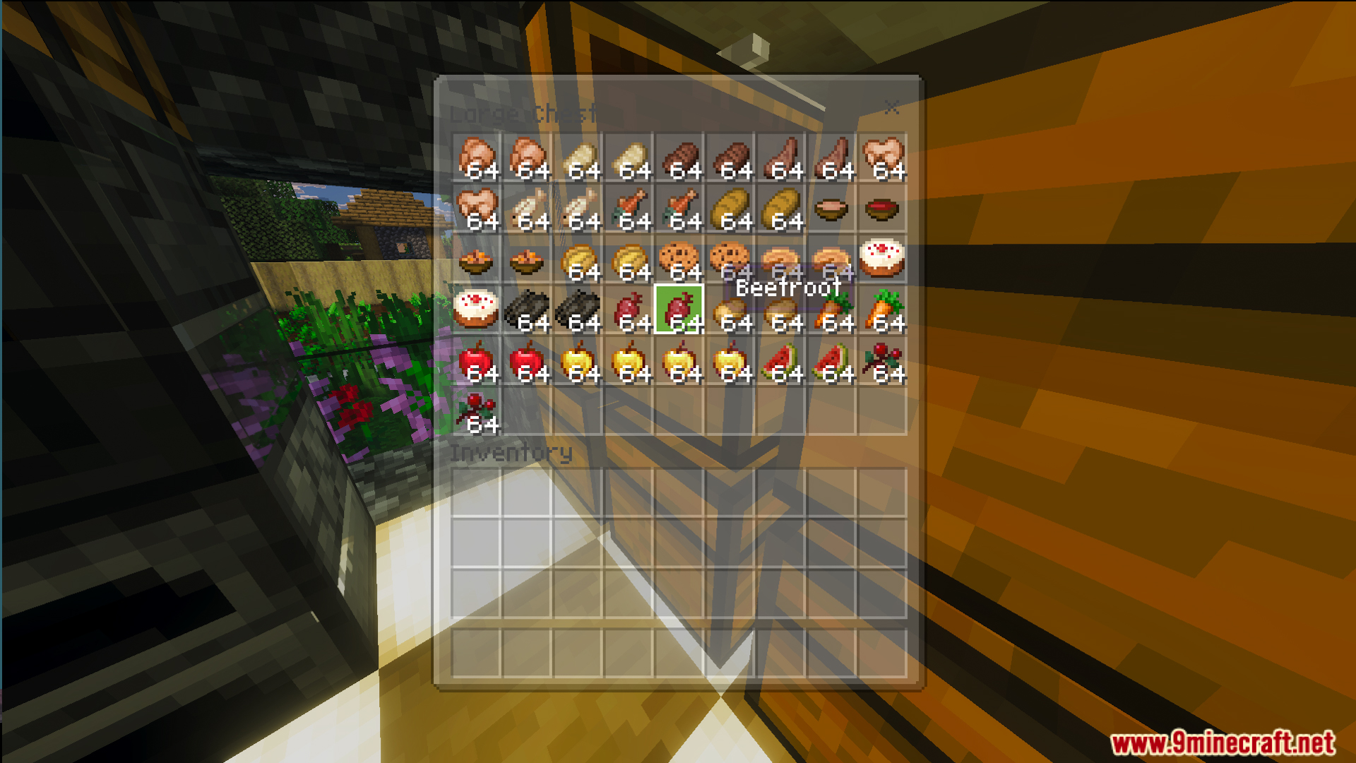 A chest interface filled with stacks of food items for survival mode