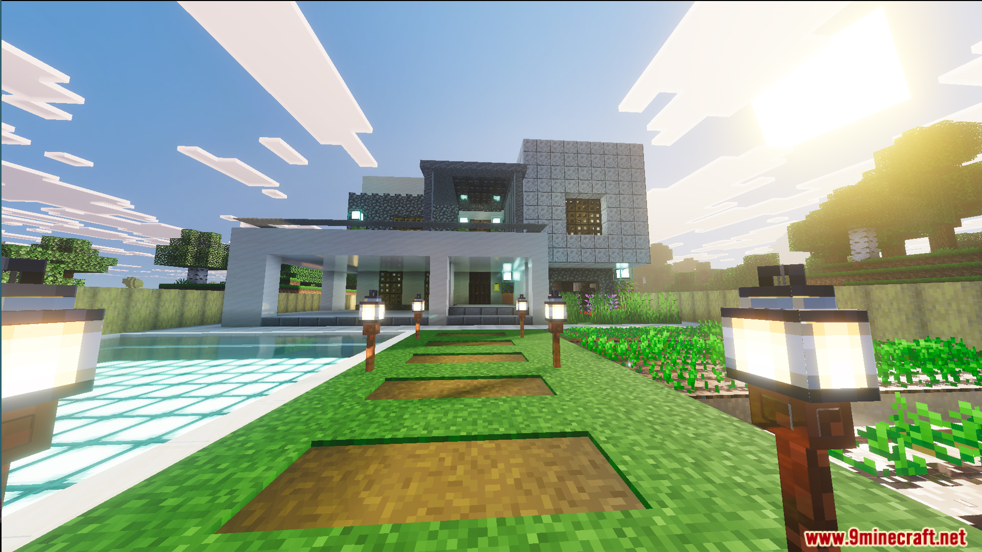 Modern white villa with a garden path and swimming pool in the plains
