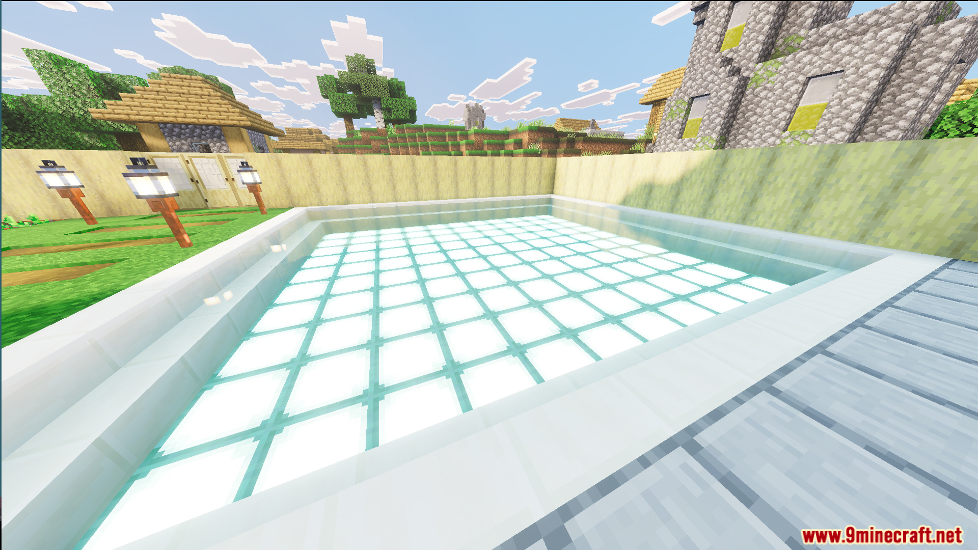 Private swimming pool with glowing blocks located next to a lively village