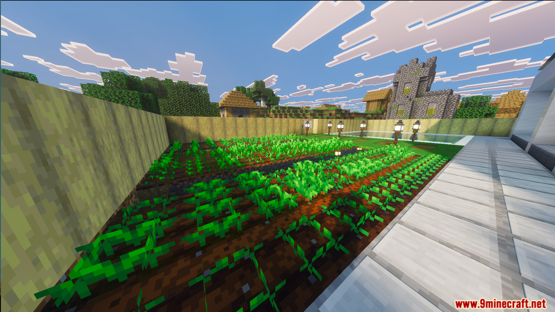 Lush garden with crops and a swimming pool outside the Survival Modern House