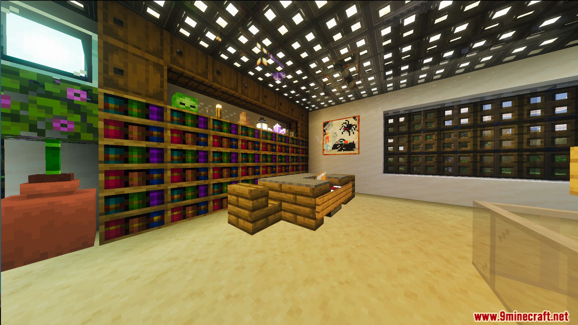 Modern interior room with colorful bookshelves a large screen and glowing ceiling blocks