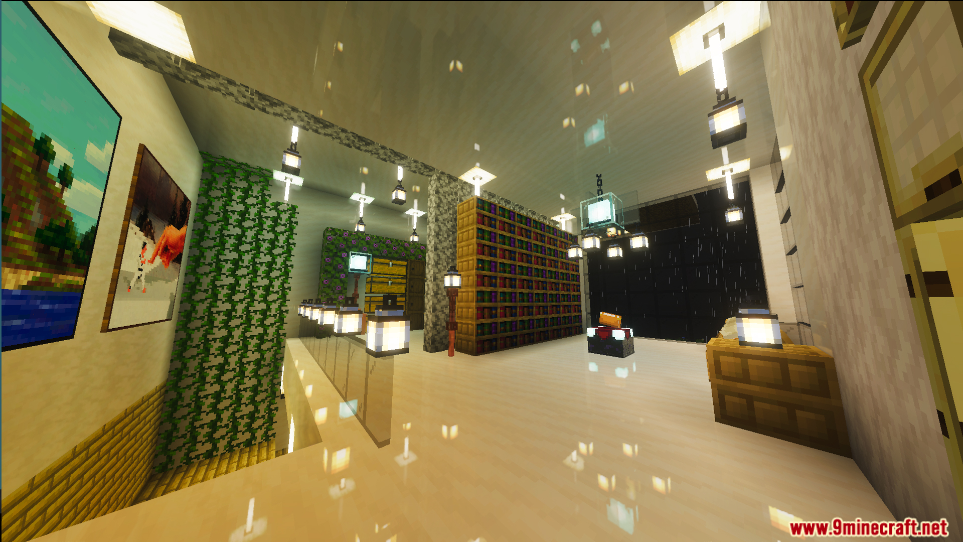 Interior of Survival Modern House 6 Map with bookshelves and hanging lanterns