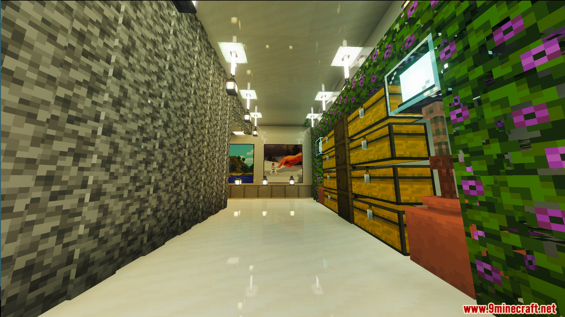 Interior of Survival Modern House Map with storage chests and hanging lanterns