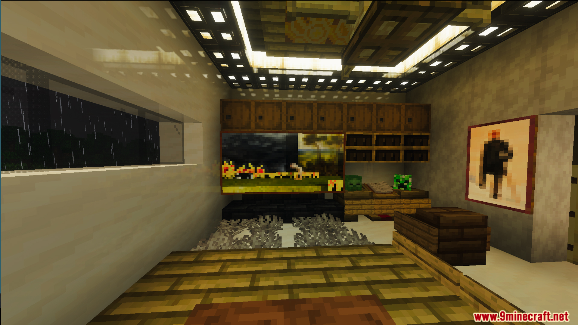 Modern house interior with bookshelves chests and large glass windows under bright lanterns