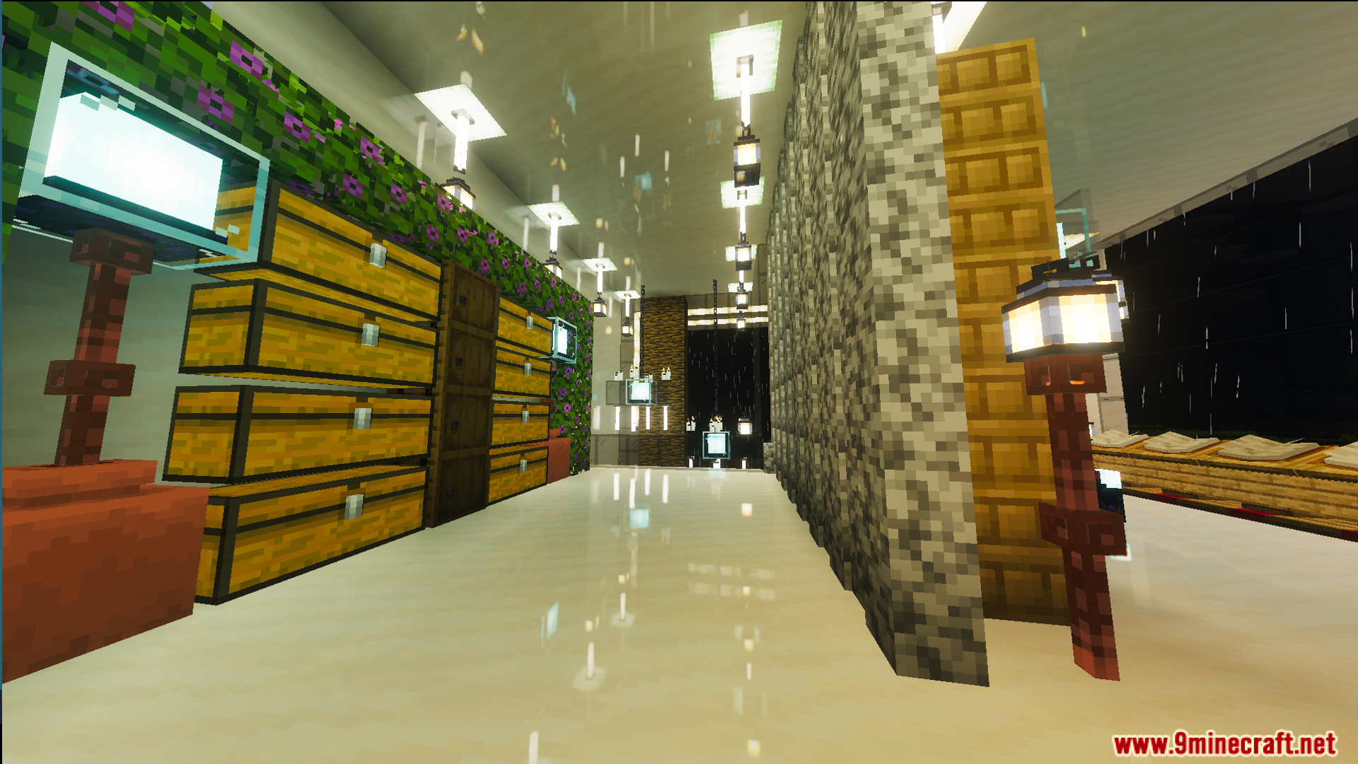 Survival Modern House 6 Map interior featuring stacked chests and bright hanging lanterns