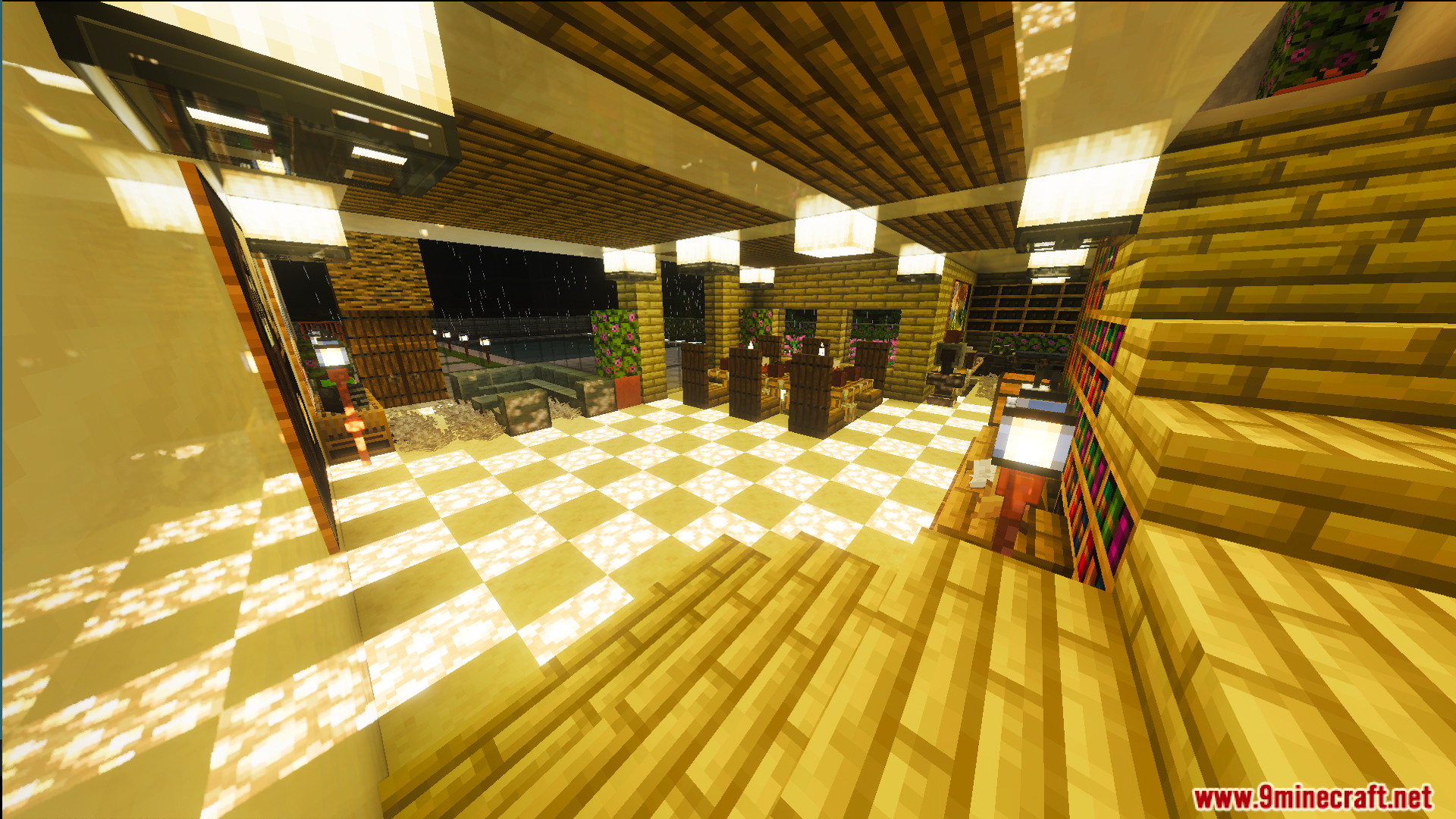 Survival Modern House Map interior with bookshelves and bright hanging lanterns