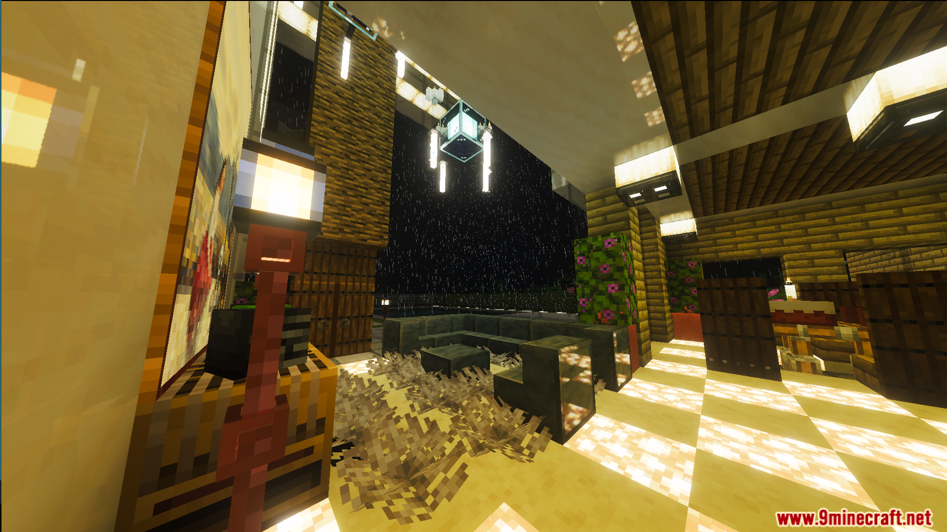 Decorated interior featuring large glass windows and a cozy built home