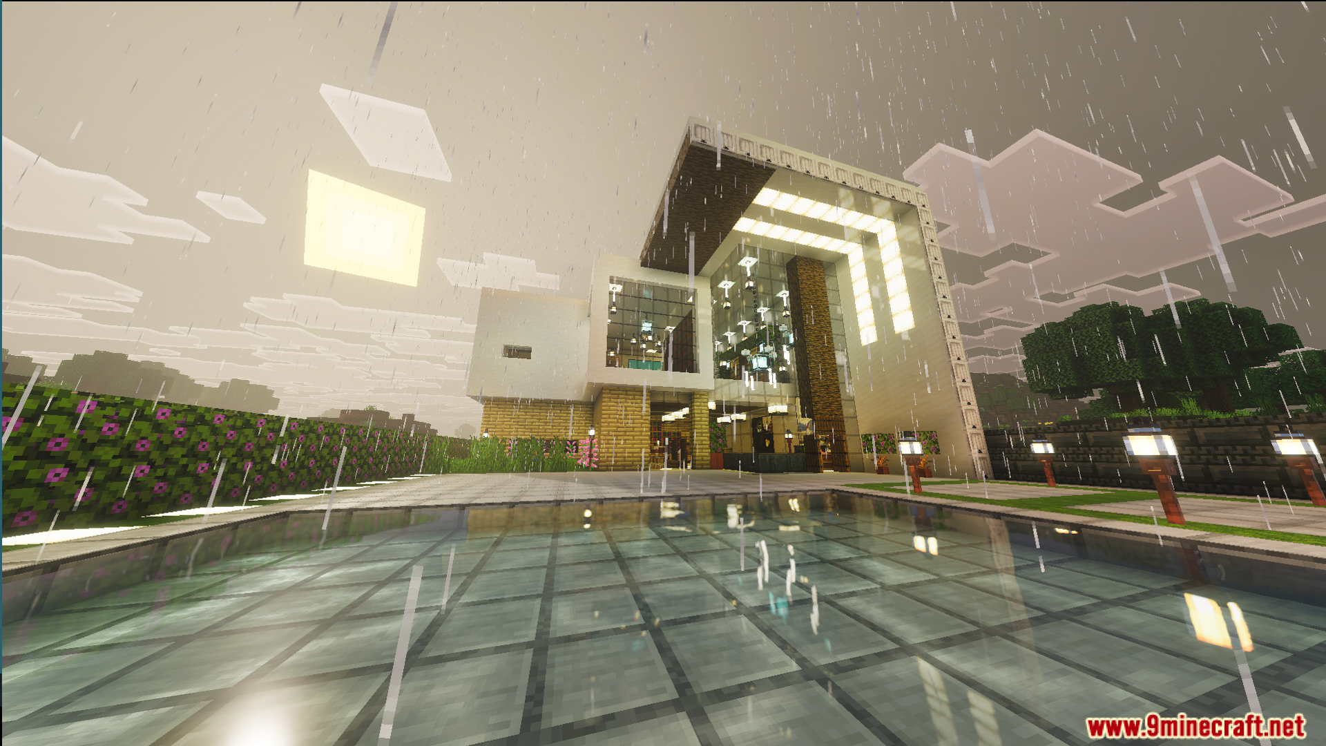 Survival Modern House 6 Map features a large pool and garden area