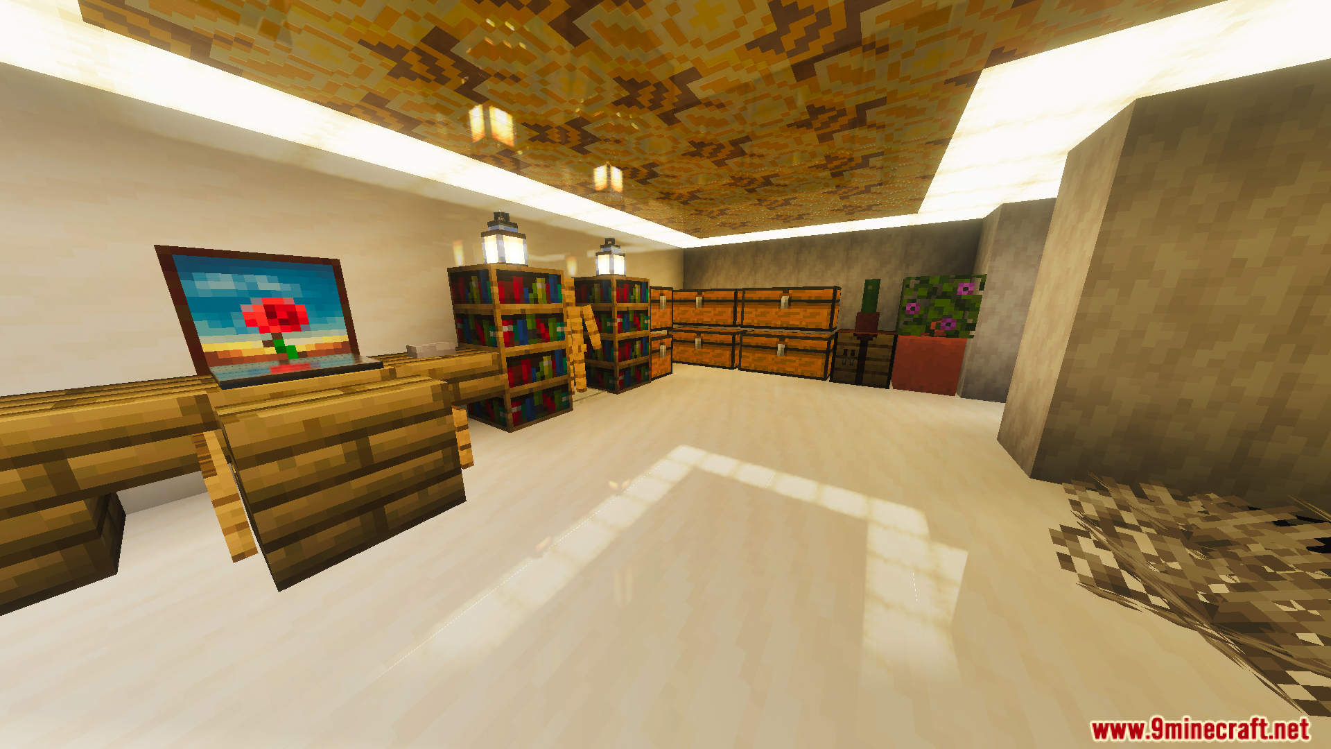 Survival Modern House Map features a fully decorated room with bookshelves and chests