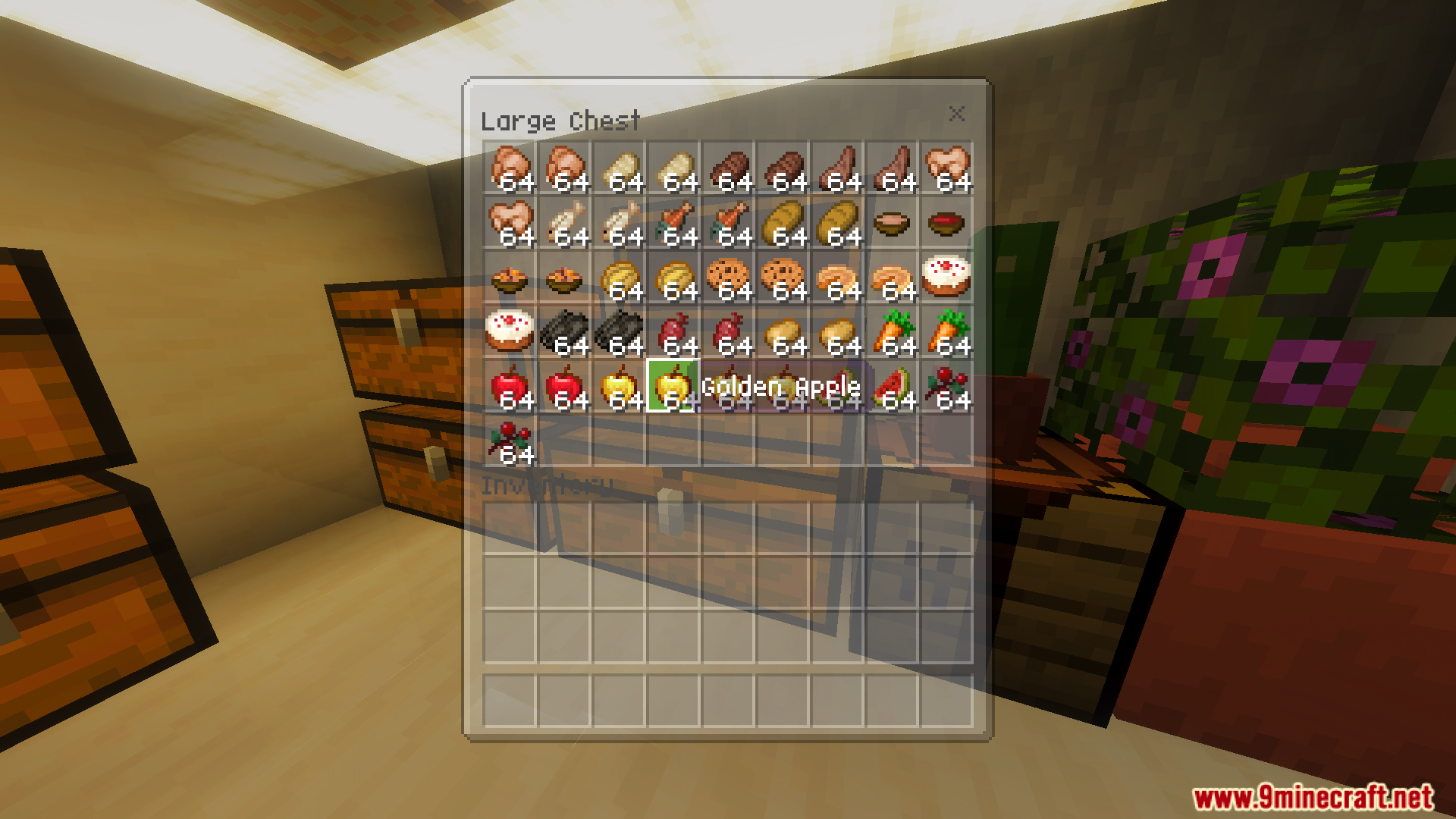 Large chest interface filled with various survival food items and golden apples