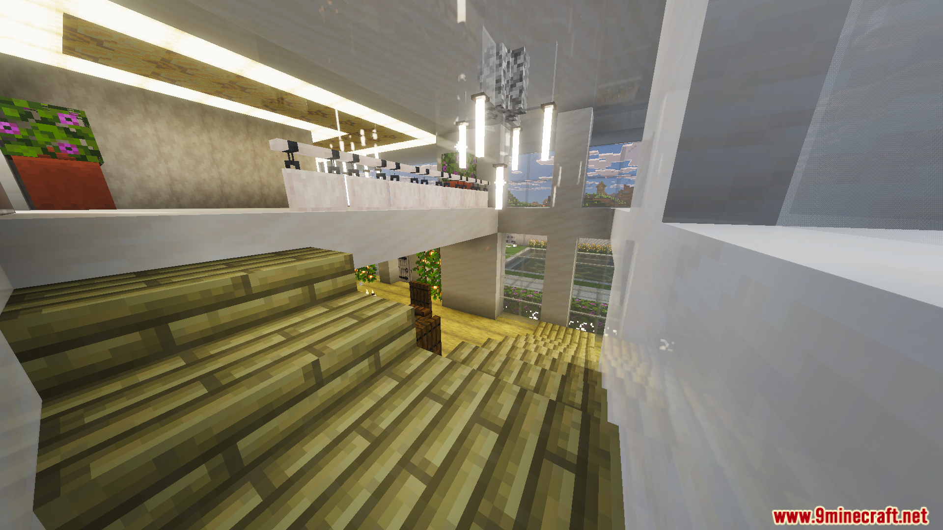 Wooden staircase leading down from a white balcony in a modern survival home
