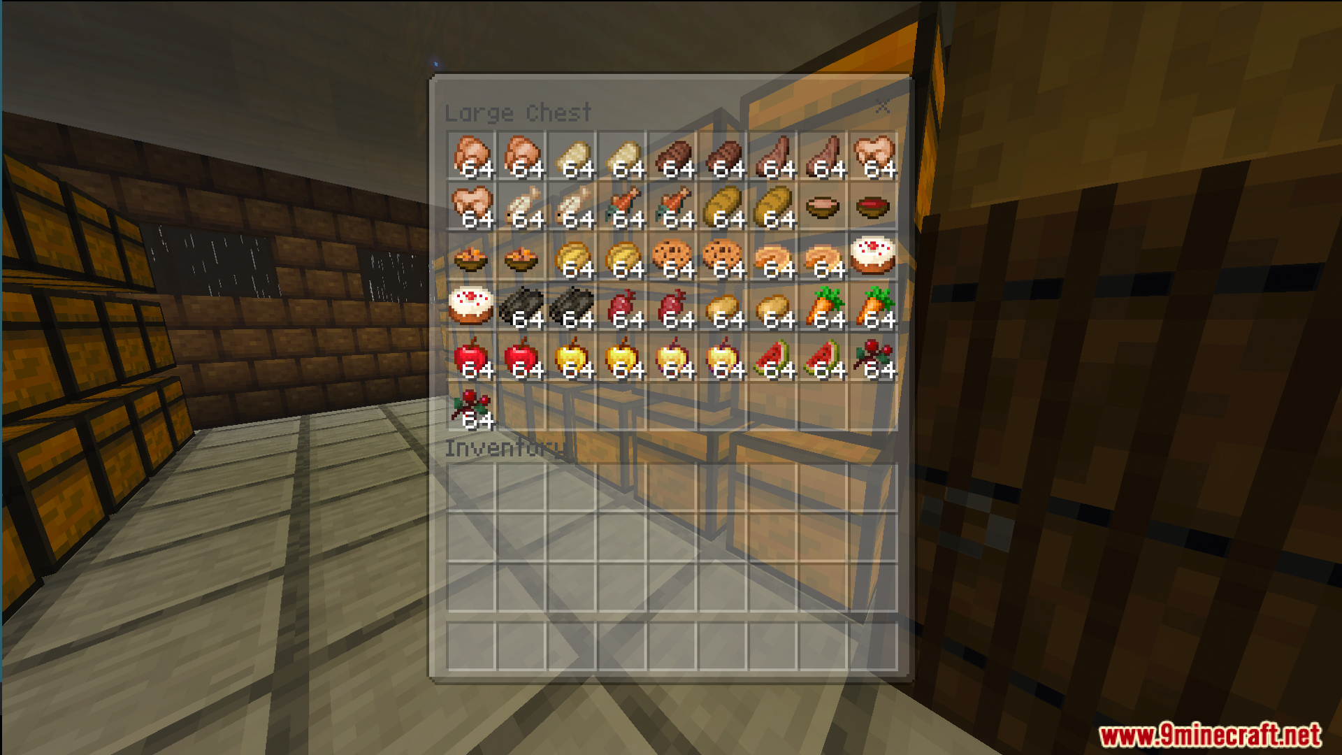 A large chest filled with stacks of food items in a room