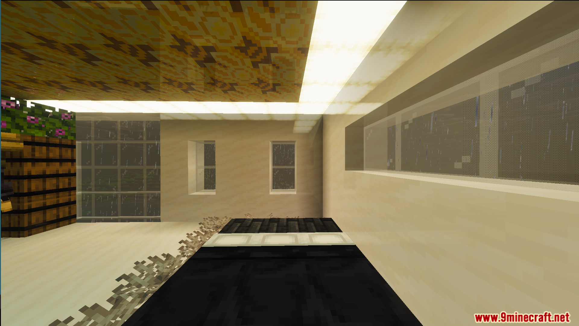 A luxury bedroom interior with a black bed and rainy windows