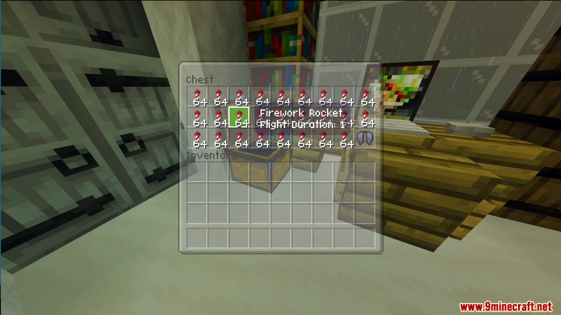Chest inventory showing multiple stacks of firework rockets for the player to use