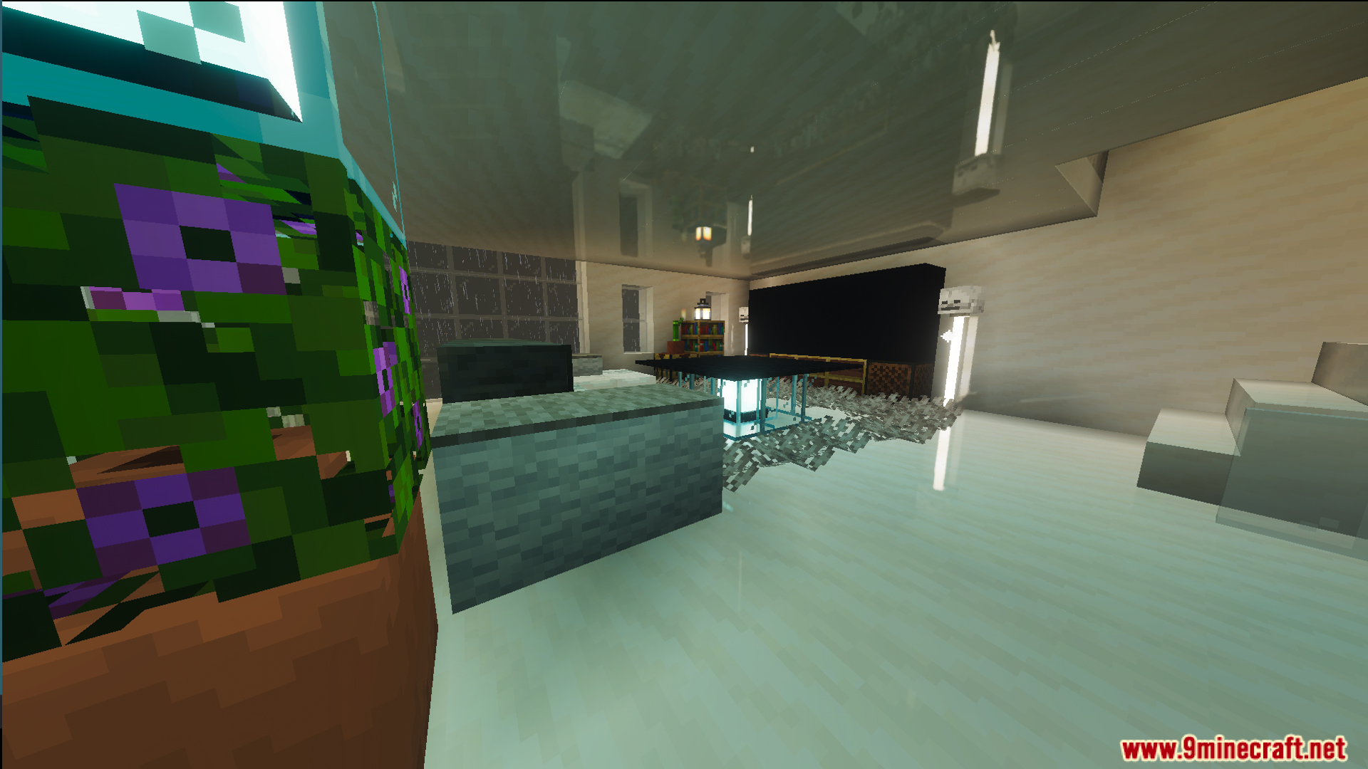 Modern living room interior with a sea lantern table and white stairs