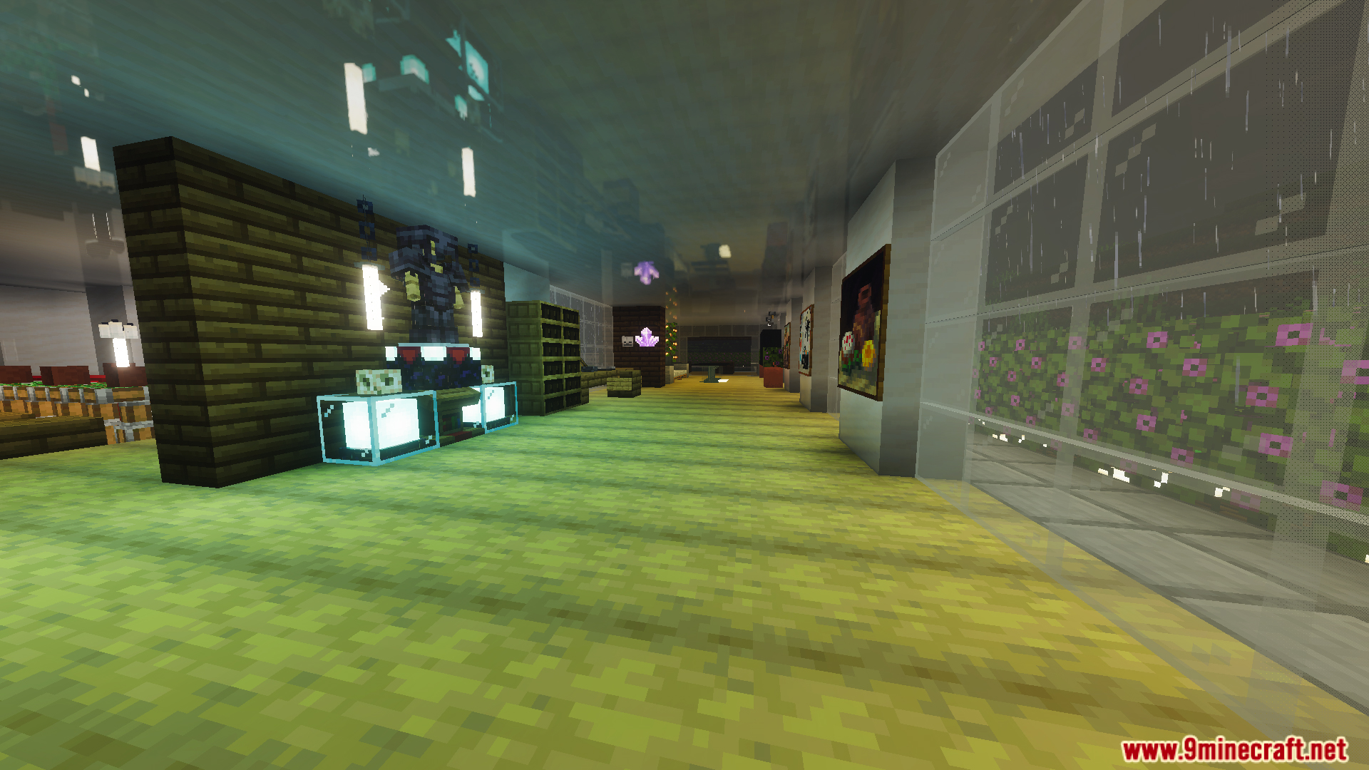 Modern house hallway featuring armor stands and paintings on the walls