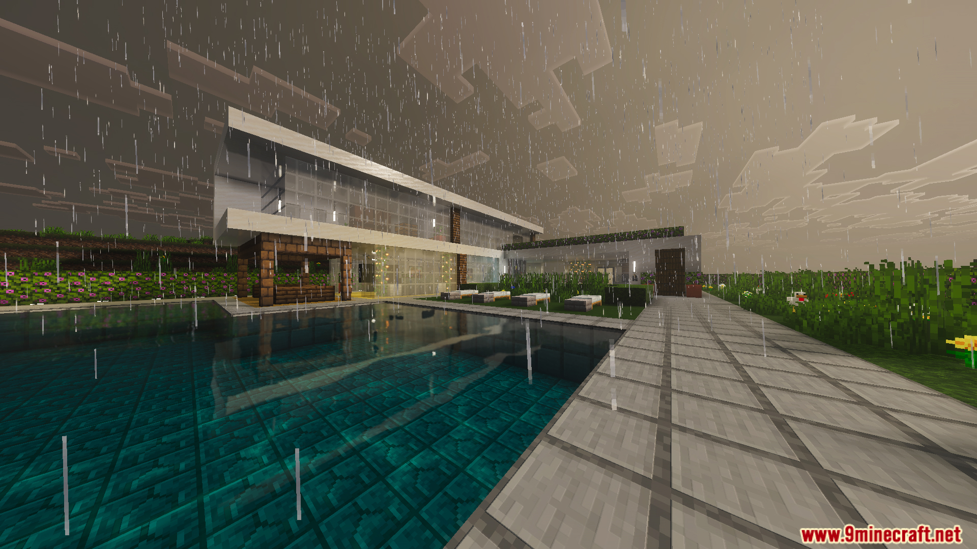 Wide view of Survival Modern House 85 Map featuring a large swimming pool