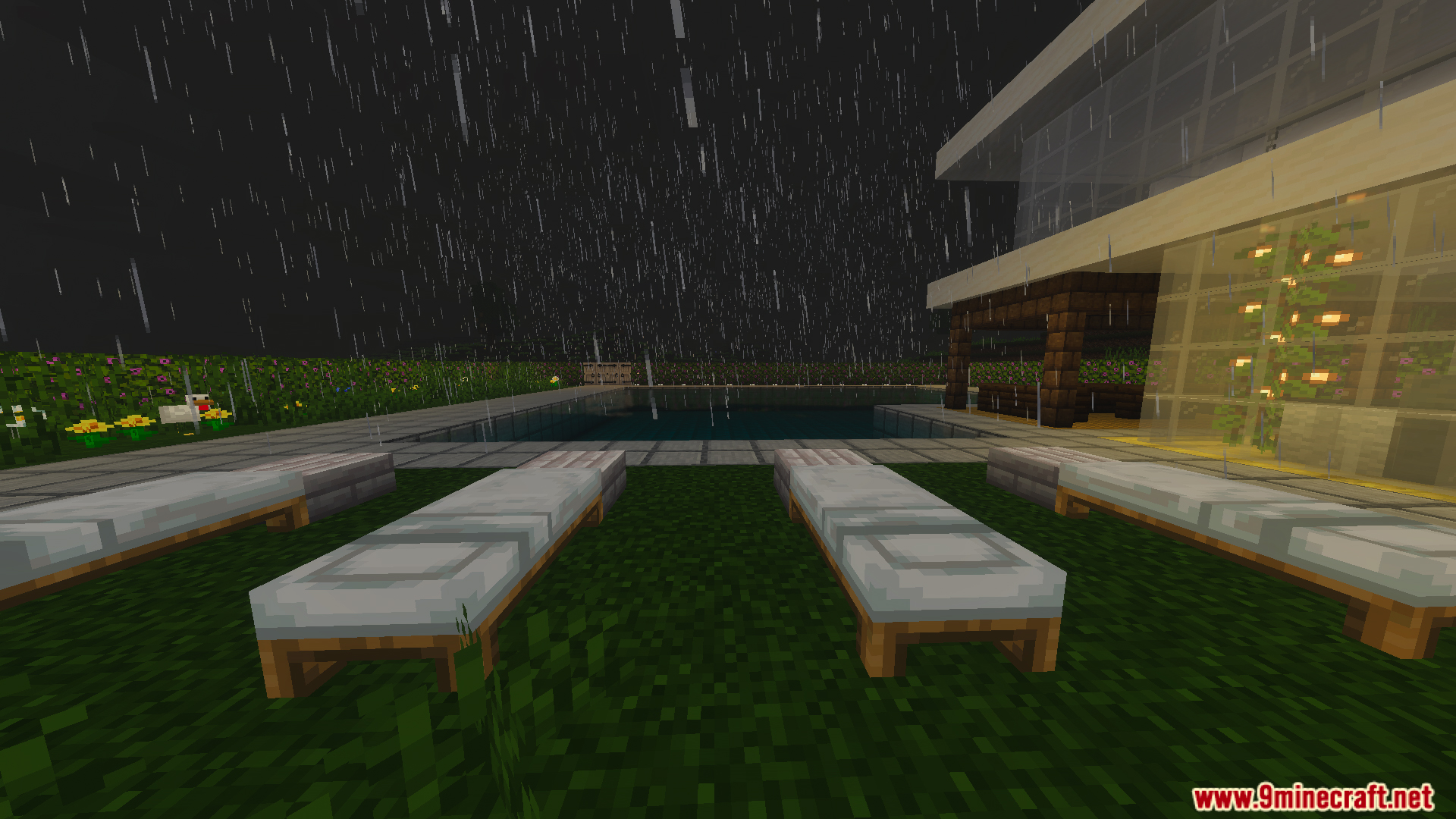 Survival Modern House 85 Map featuring an outdoor swimming pool in the rain