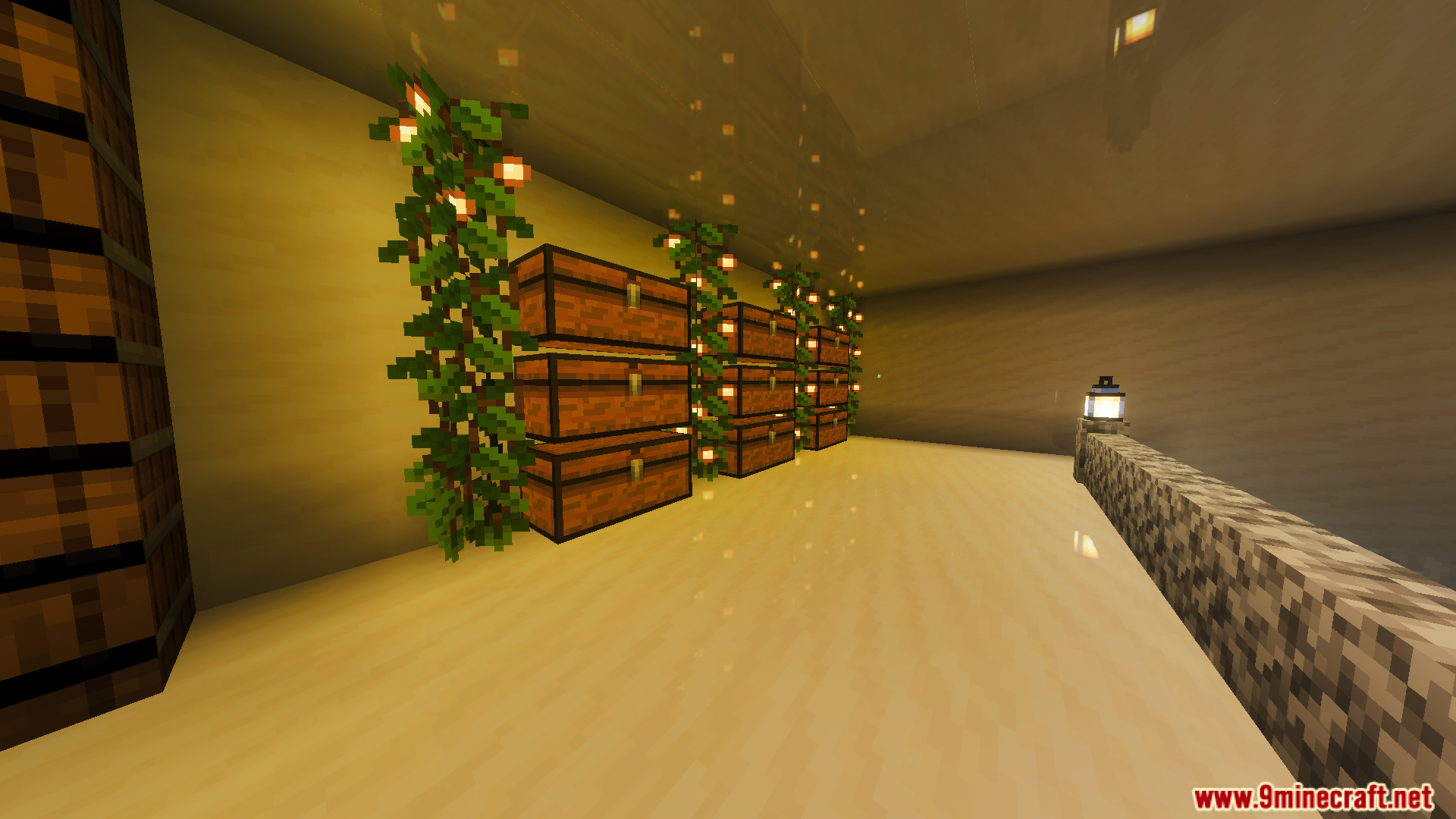 Storage room with stacked wooden chests and glowing vines in a modern house