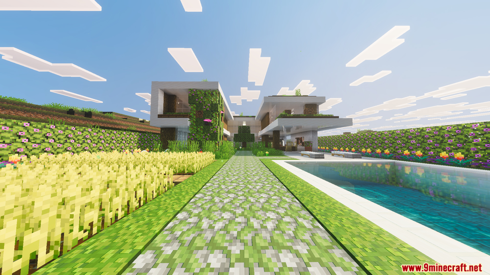 Modern luxury house with a swimming pool and a detailed garden