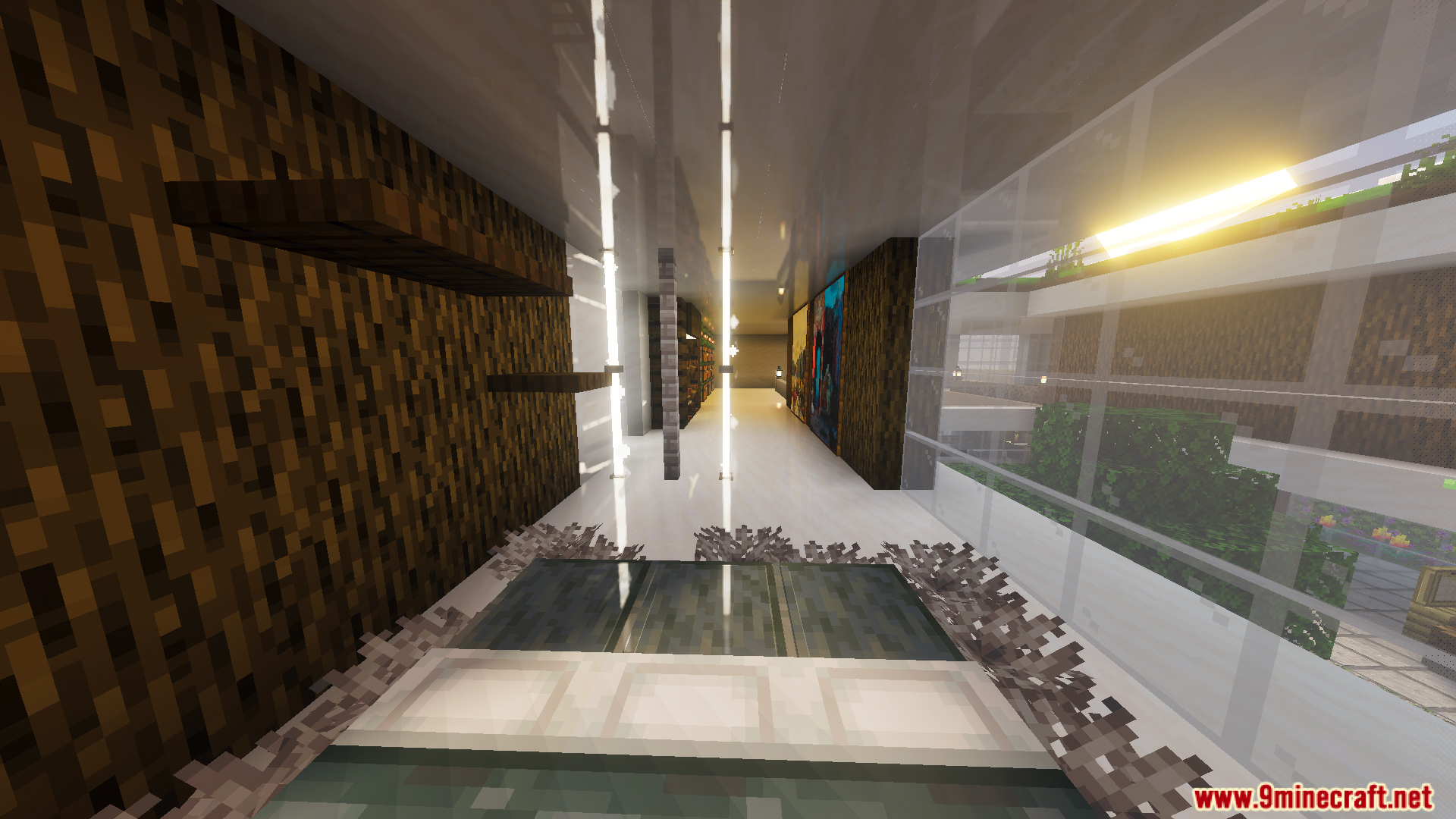 Modern bedroom interior with dark wood walls and large glass windows in Minecraft