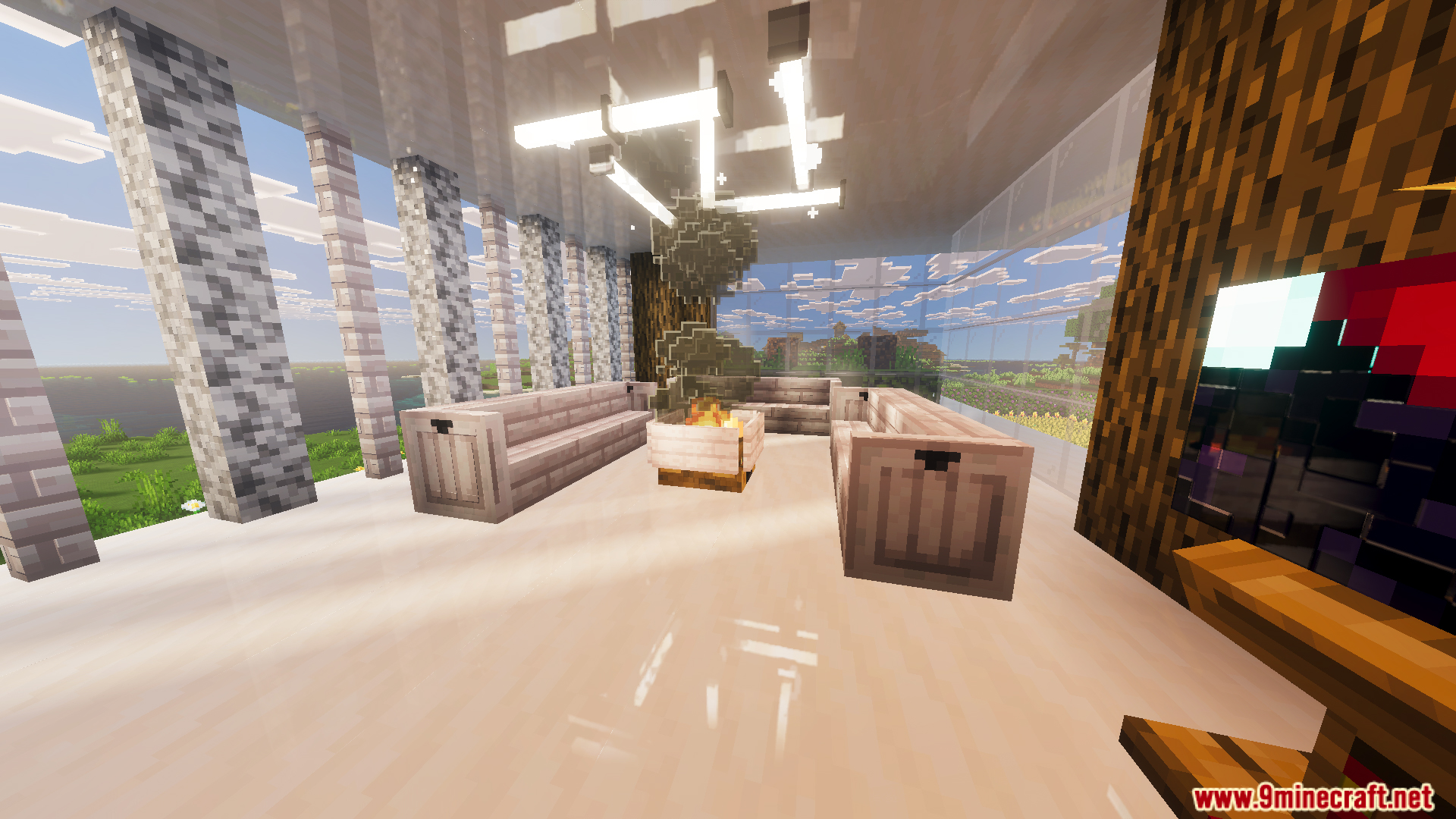 Modern living room in Survival Modern House 91 Map with a fire pit