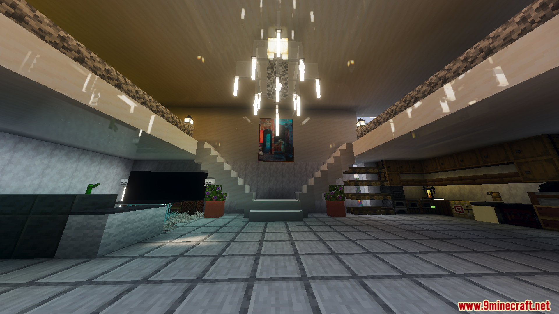 Spacious interior of Survival Modern House Map featuring a grand split staircase