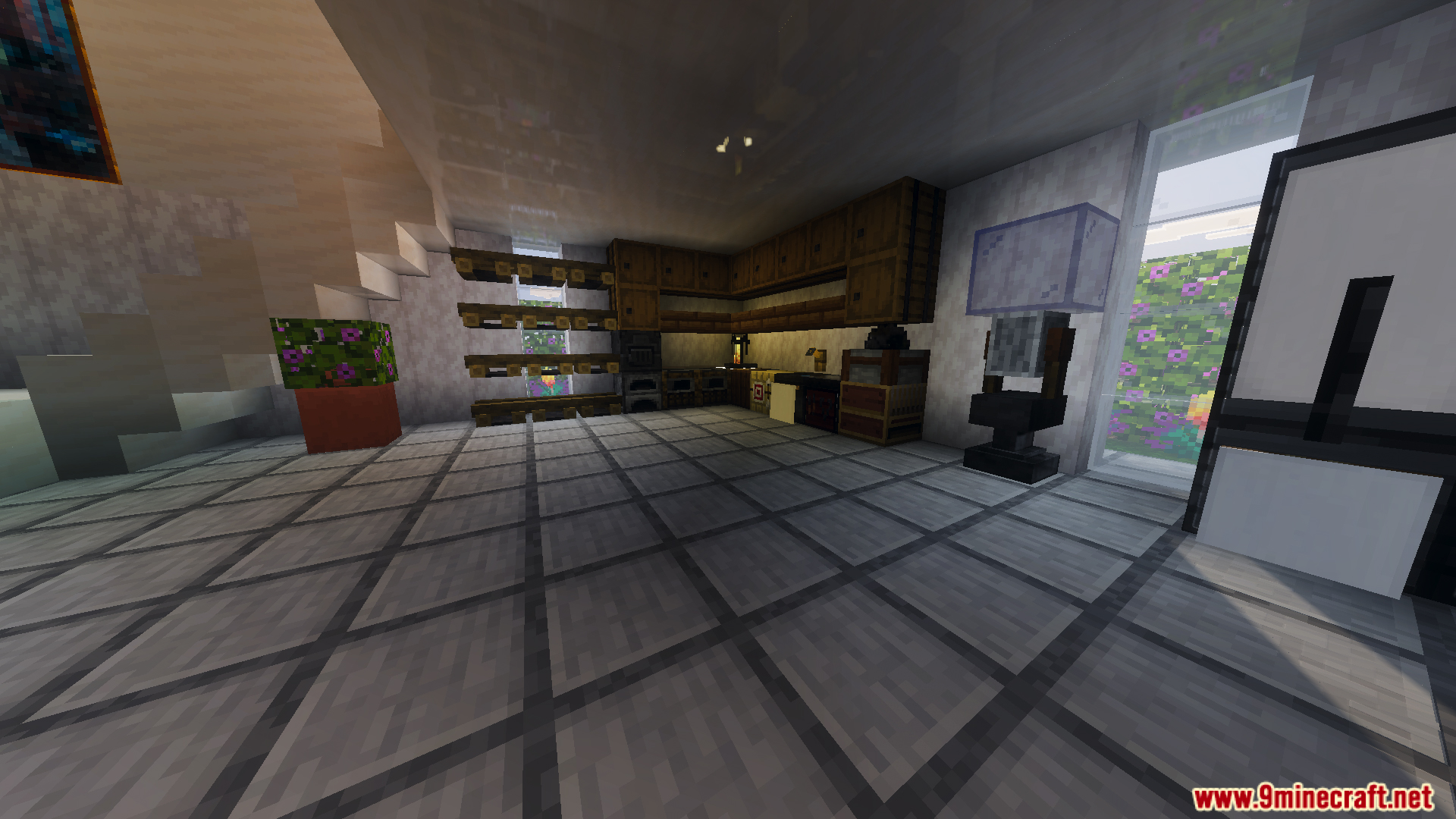 Detailed kitchen area with wooden cabinets and a view of the outdoor garden