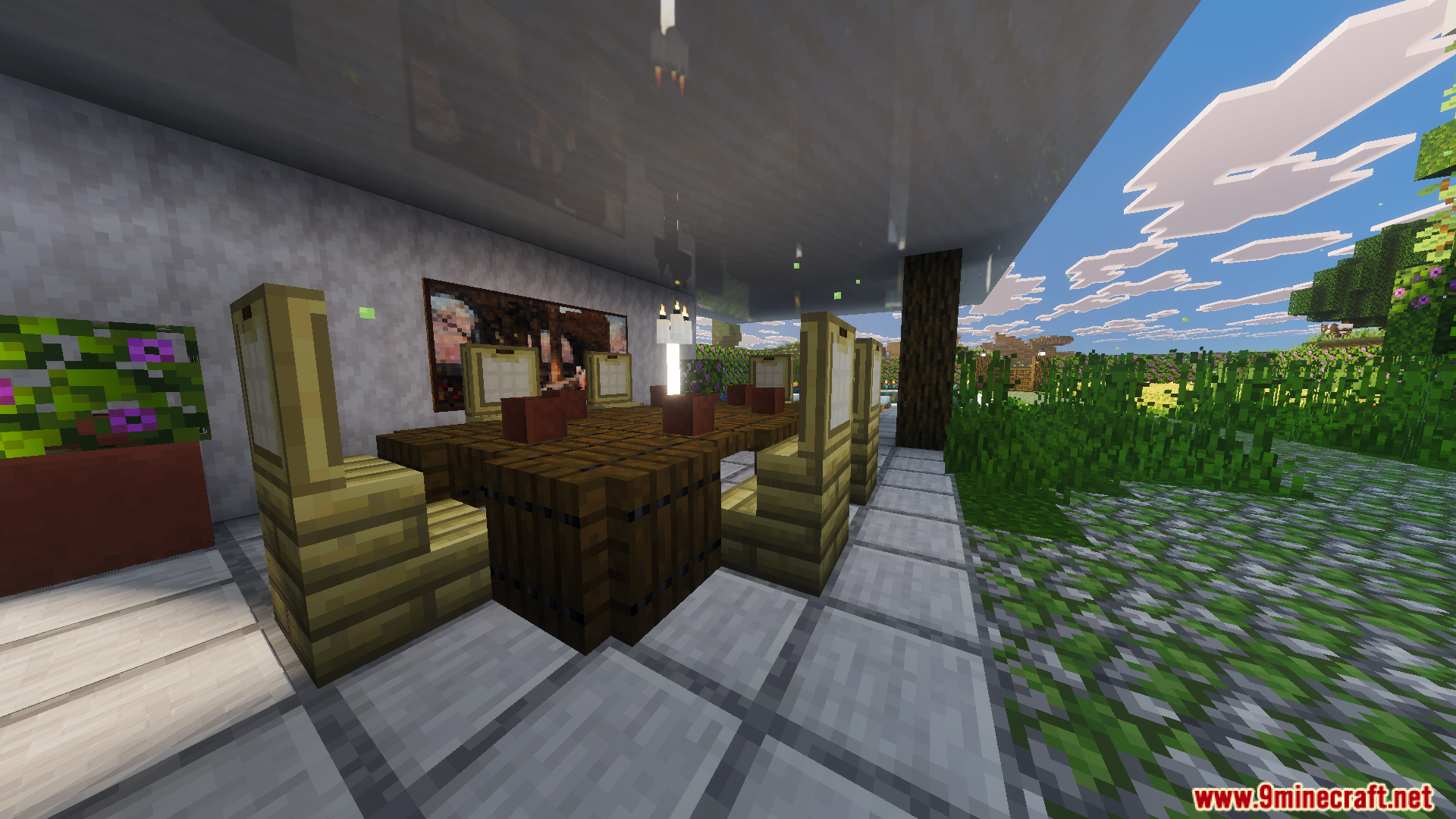 Detailed dining room inside the Survival Modern House Map with wooden furniture