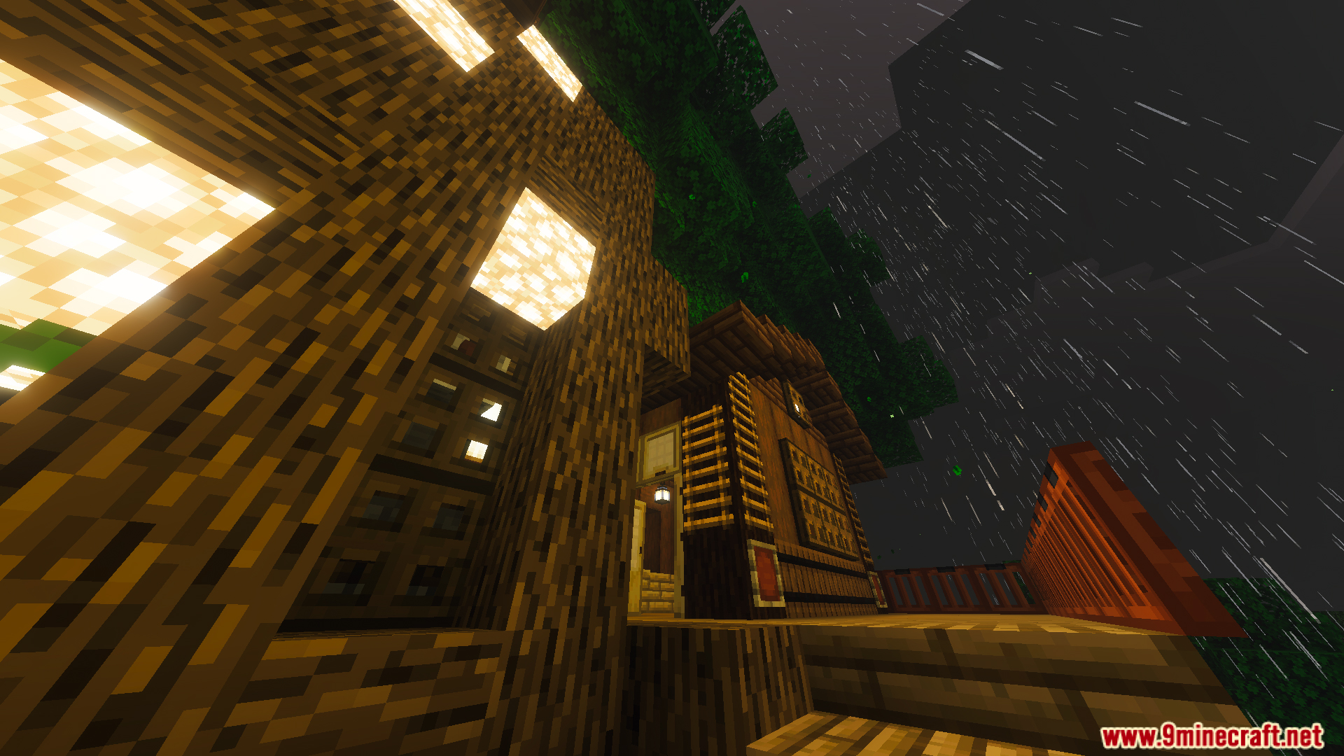 Survival Tree House 45 Map Screenshot 10 The massive wooden tree house exterior illuminated by glowstone during a rainy night