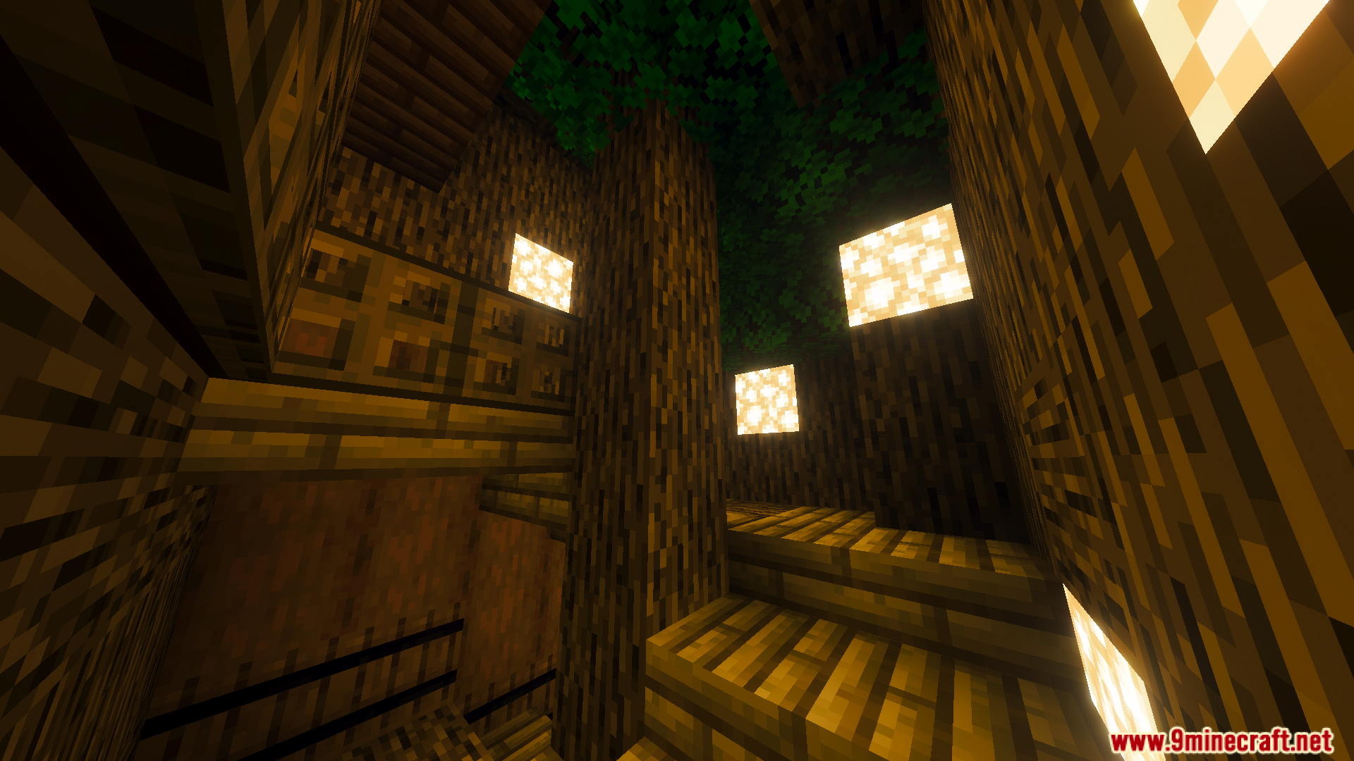 Survival Tree House 45 Map Screenshot 2 Cozy wooden interior of a tree house featuring stairs and glowing light blocks