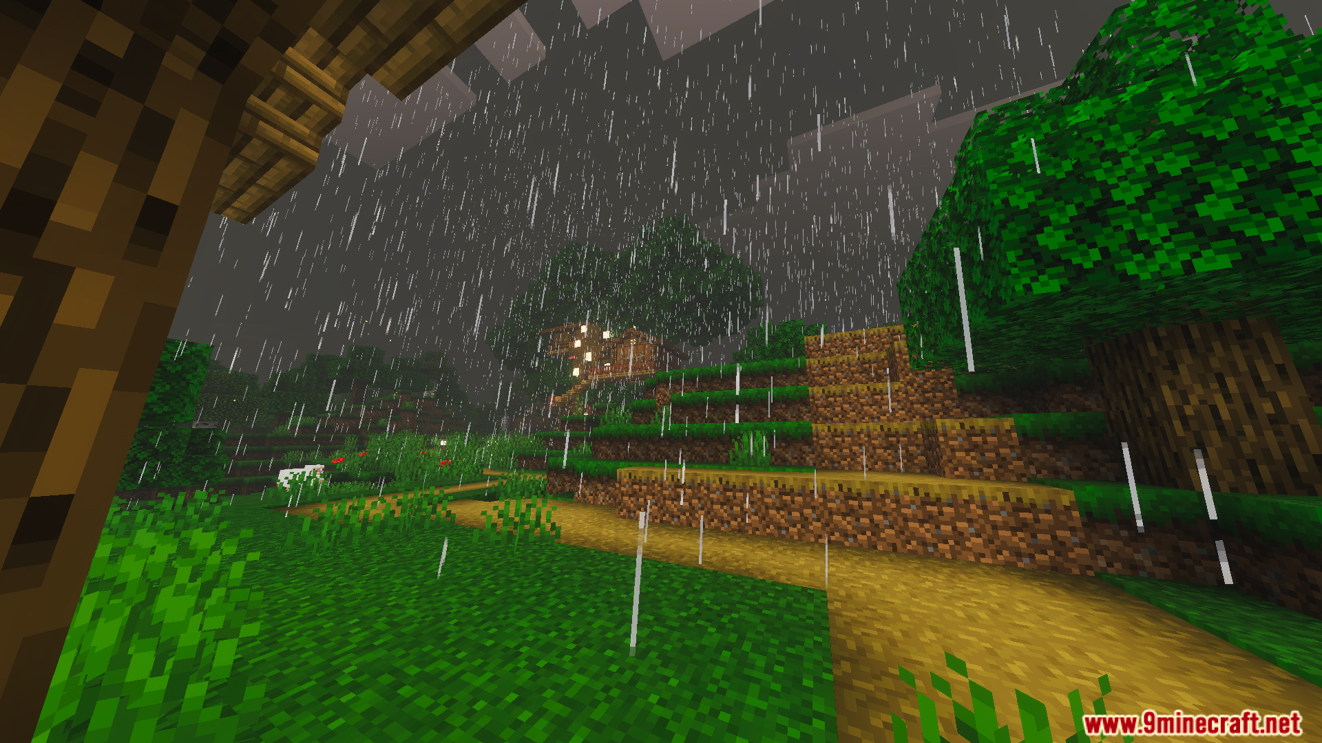Survival Tree House 45 Map Screenshot 7 Heavy rain falls over a grassy plains biome with a long dirt path